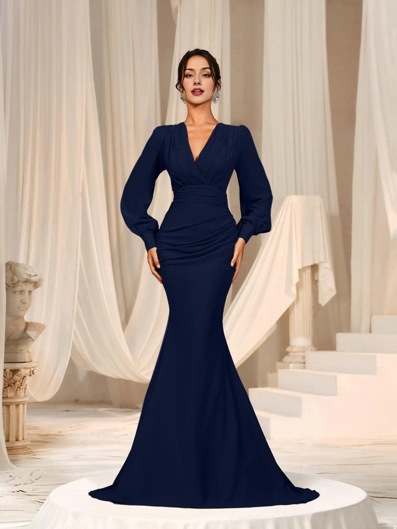 Elegant Evening Dresses/ Surplice Neck Lantern Sleeve Chiffon Mermaid Dress Evening Dresses/ Evening Dresses For Women