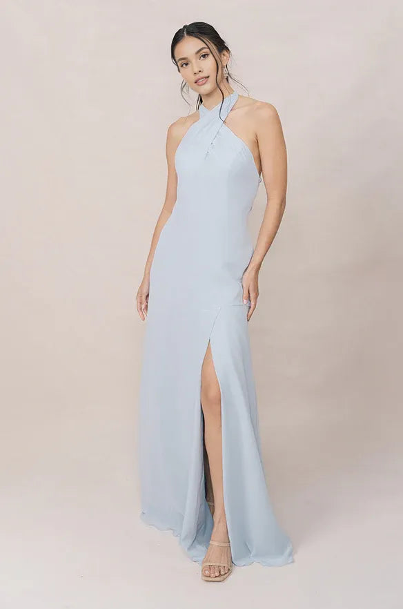 Elegant Fitted A-line Halter Neck Sleeveless Backless Ankle-Length Bridesmaid Dress