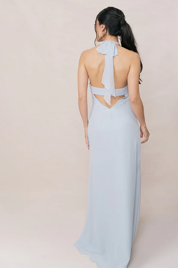Elegant Fitted A-line Halter Neck Sleeveless Backless Ankle-Length Bridesmaid Dress