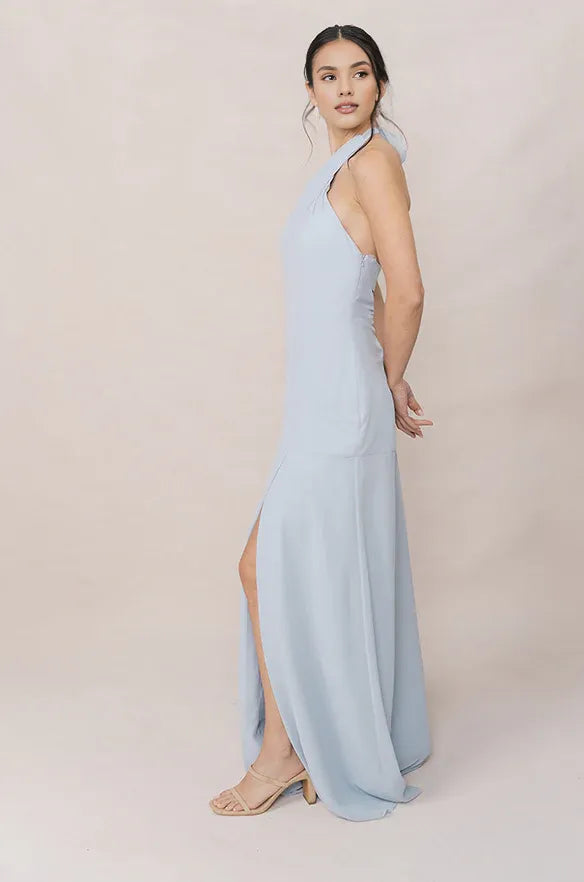 Elegant Fitted A-line Halter Neck Sleeveless Backless Ankle-Length Bridesmaid Dress