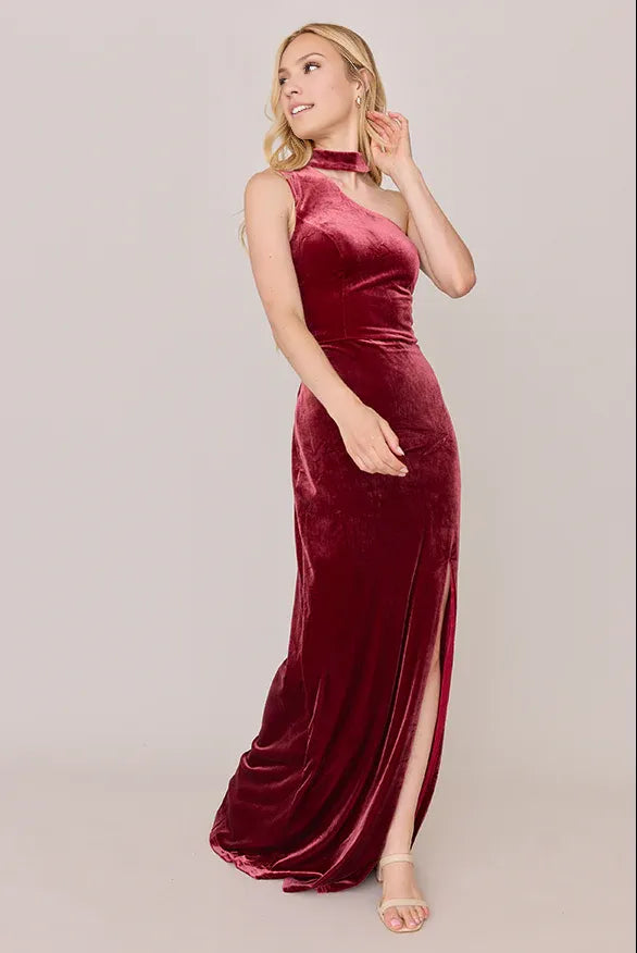 Elegant Fitted High Neck Sleeveless Velvet Floor-Length Prom Dress