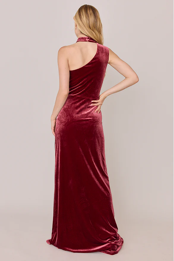 Elegant Fitted High Neck Sleeveless Velvet Floor-Length Prom Dress
