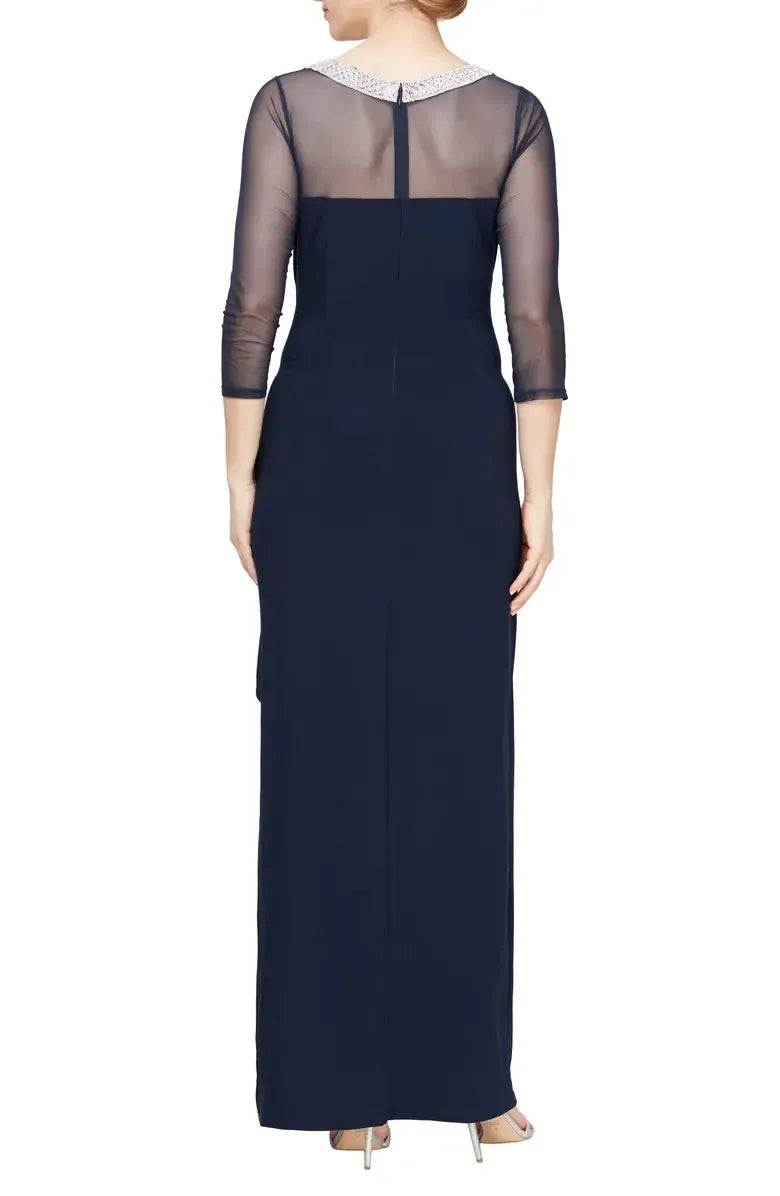 Elegant Fitted Illusion Neck Long Sleeve Zipper Up Floor-Length Mother of the Bride Dress