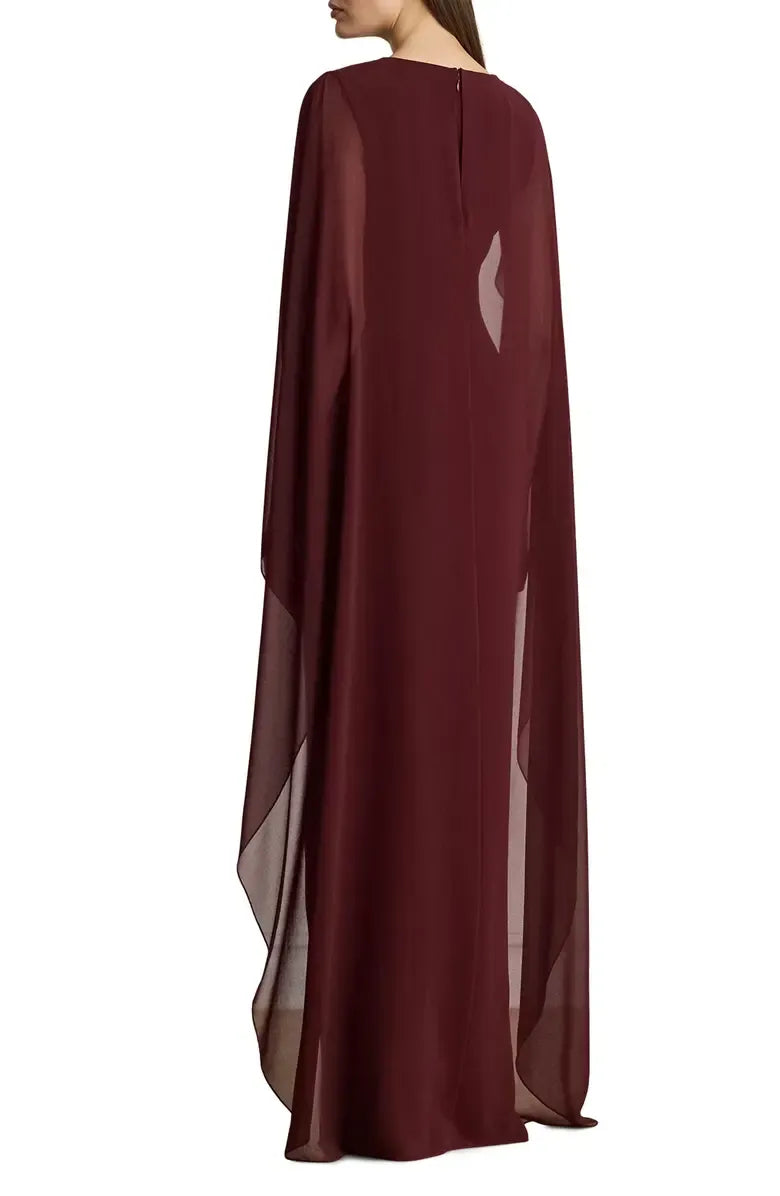 Elegant Fitted Scoop Neck Cape Sleeve Zipper Up Floor-Length Prom Dress