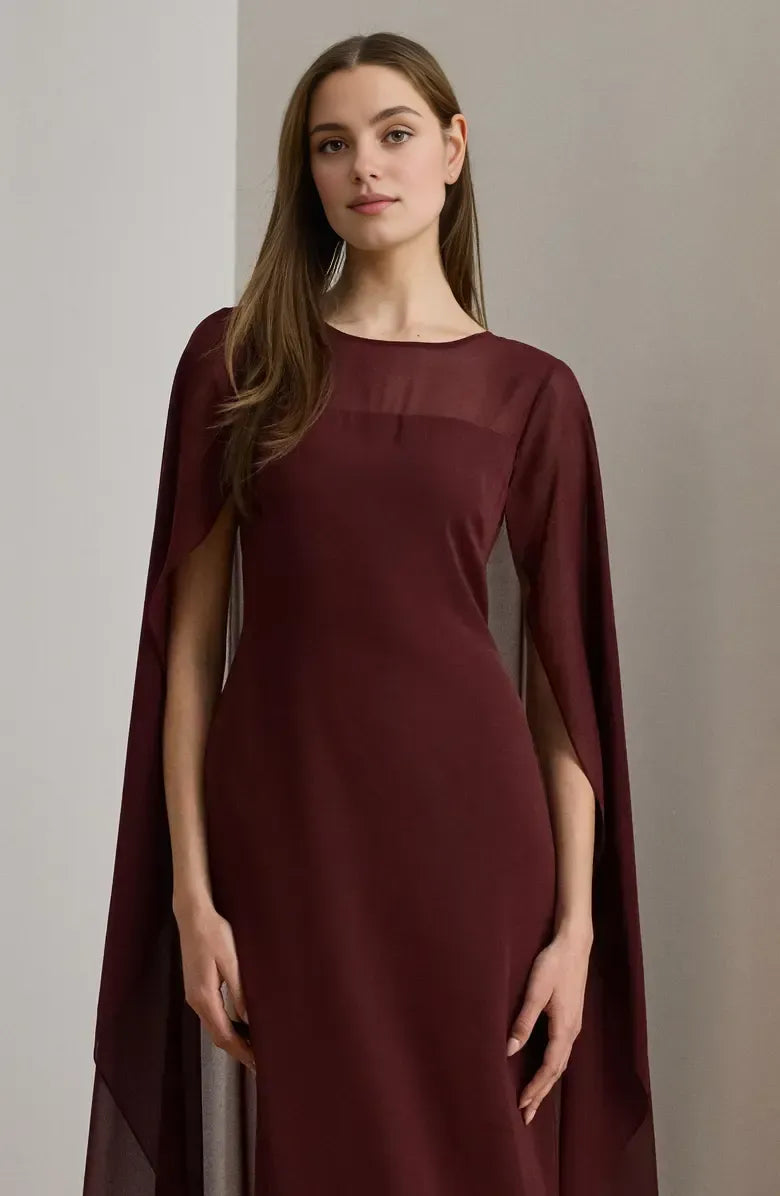 Elegant Fitted Scoop Neck Cape Sleeve Zipper Up Floor-Length Prom Dress