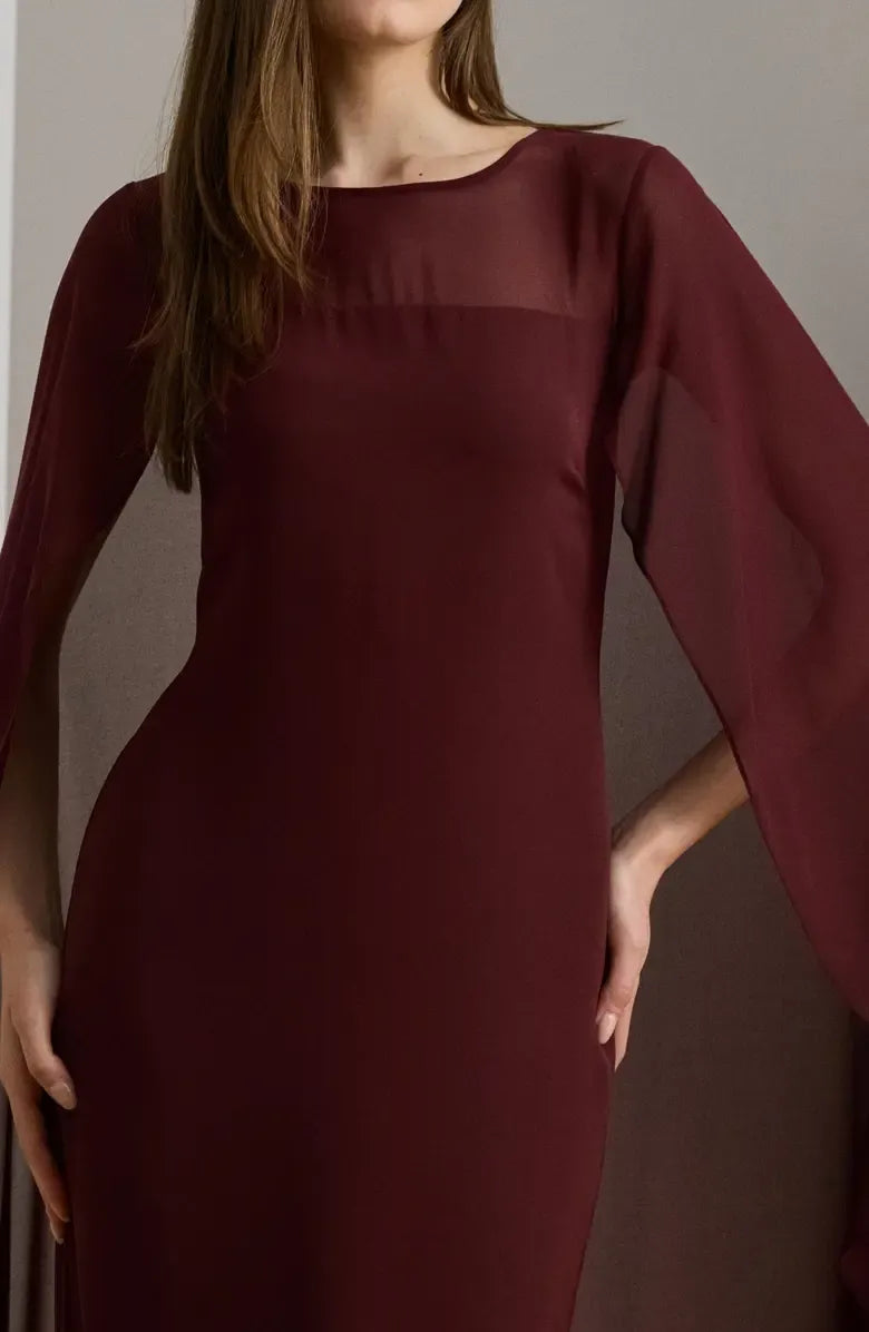 Elegant Fitted Scoop Neck Cape Sleeve Zipper Up Floor-Length Prom Dress