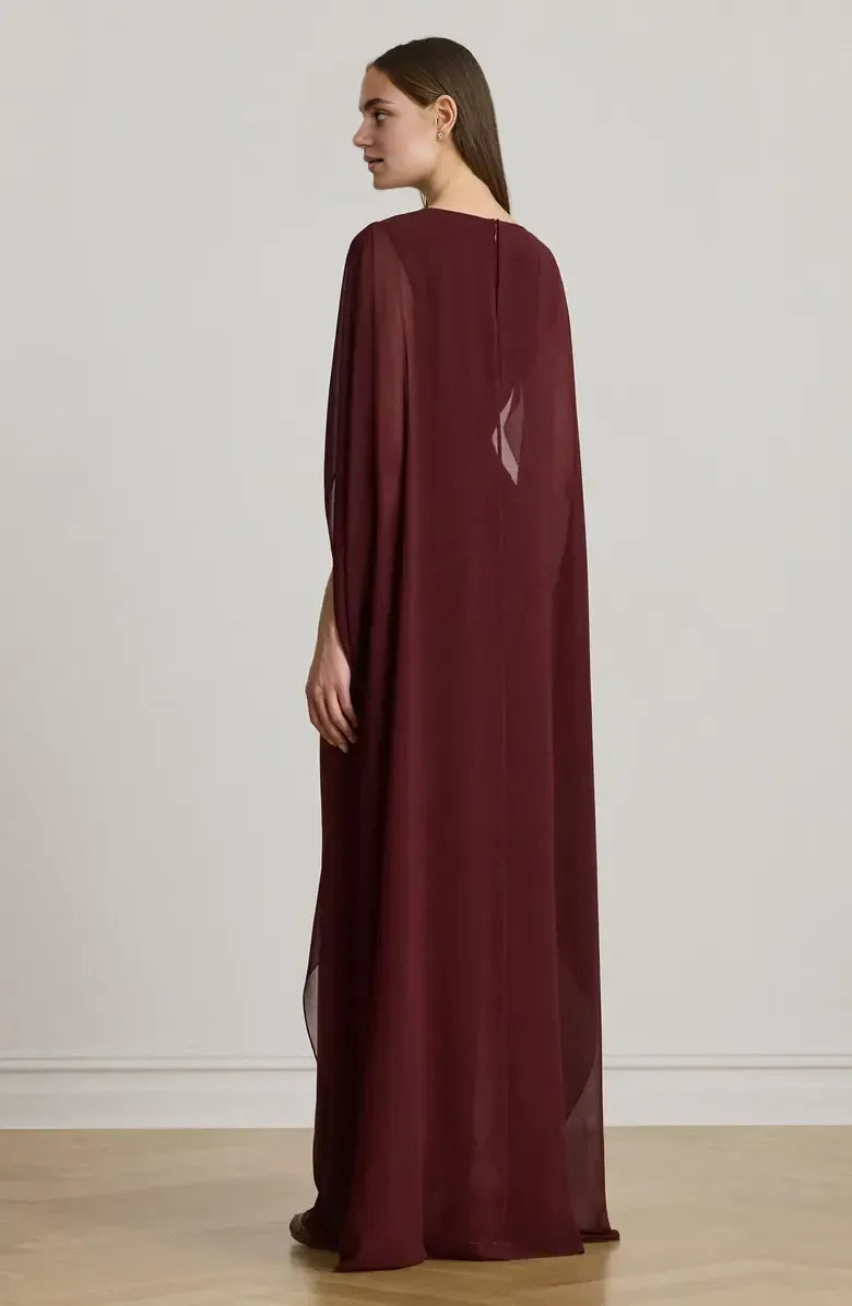 Elegant Fitted Scoop Neck Cape Sleeve Zipper Up Floor-Length Prom Dress