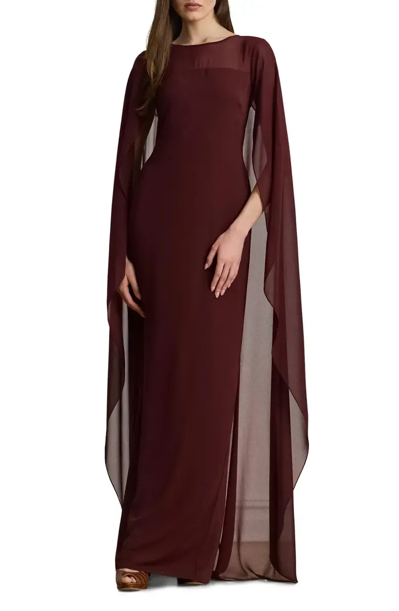 Elegant Fitted Scoop Neck Cape Sleeve Zipper Up Floor-Length Prom Dress