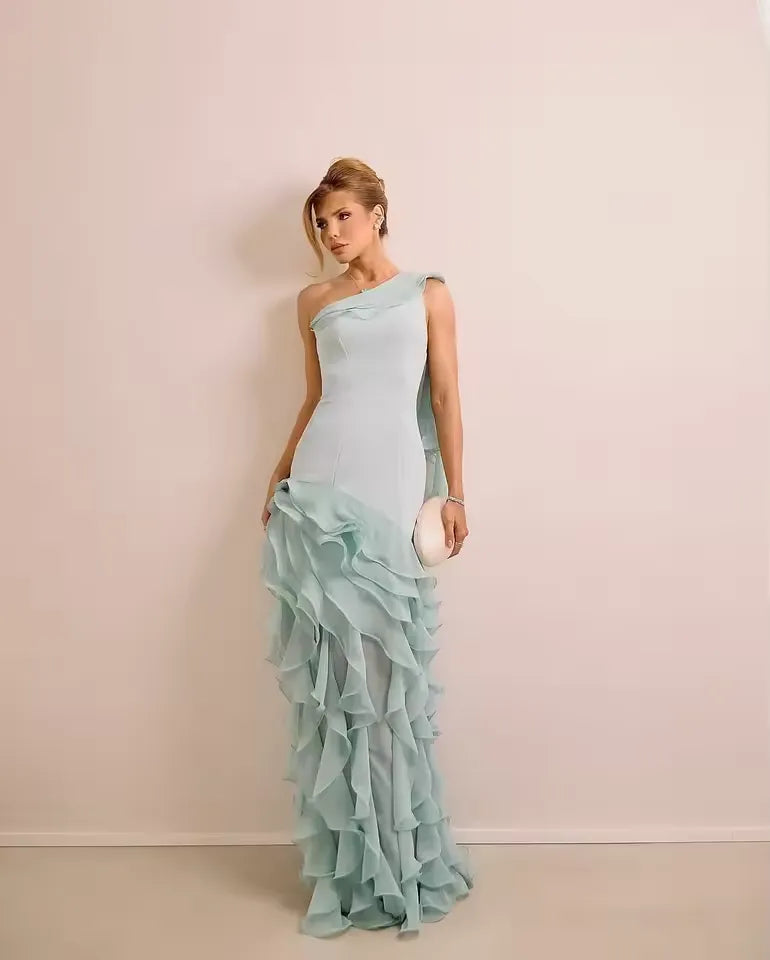 Elegant Fitted Sheath One Shoulder Sleeveless Open Back Ruffle Train Evening Dress