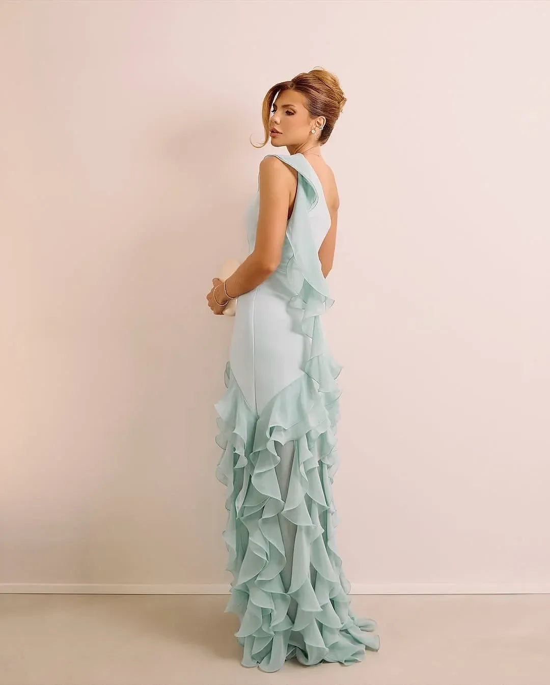 Elegant Fitted Sheath One Shoulder Sleeveless Open Back Ruffle Train Evening Dress
