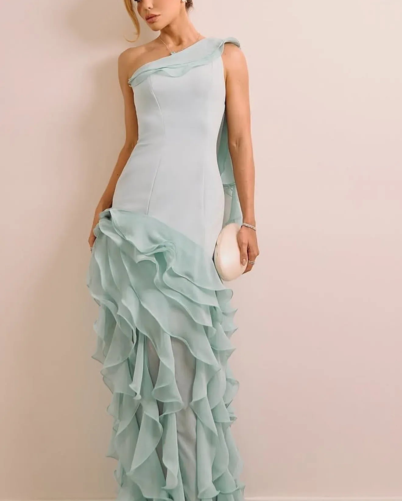 Elegant Fitted Sheath One Shoulder Sleeveless Open Back Ruffle Train Evening Dress
