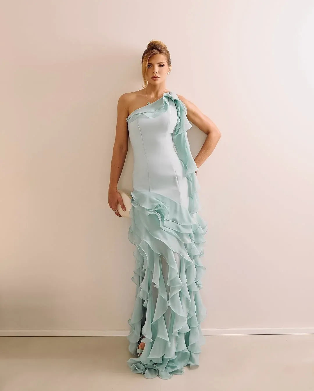Elegant Fitted Sheath One Shoulder Sleeveless Open Back Ruffle Train Evening Dress