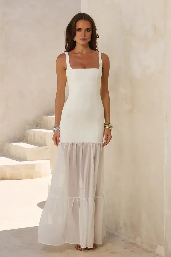 Elegant Fitted Square Neck Sleeveless Backless Floor-Length Prom Dress