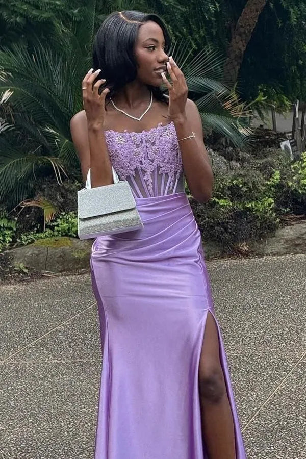 Elegant Fitted Strapless Lace Appliques Satin Slit Prom Gown