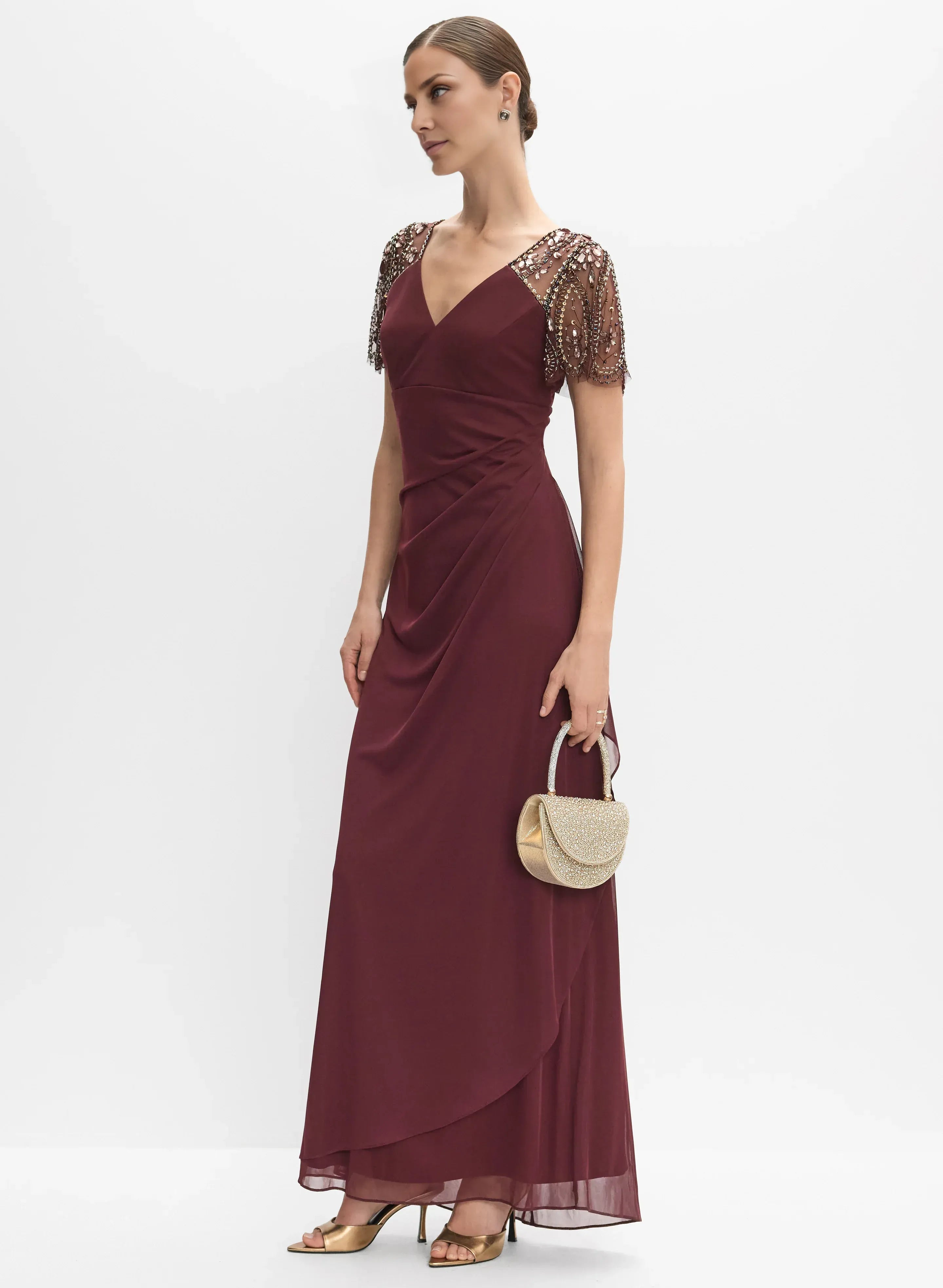 Elegant Fitted V-Neck Short Sleeve Zipper Up Floor-Length Prom Dress