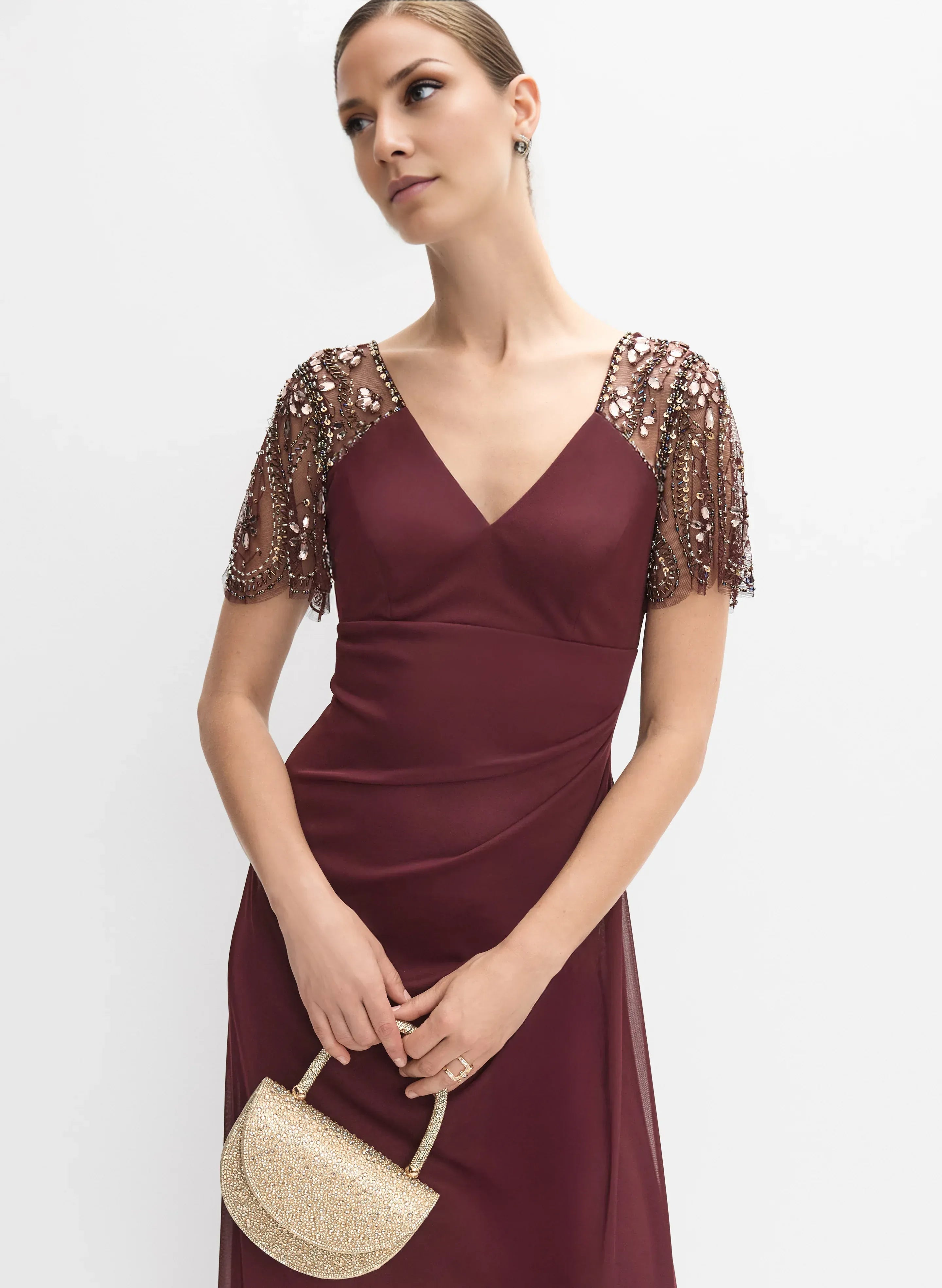 Elegant Fitted V-Neck Short Sleeve Zipper Up Floor-Length Prom Dress