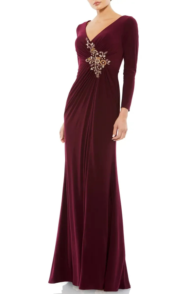 Elegant Fitted V Neck Long Sleeve Zipper Up Floor-Length Prom Dress
