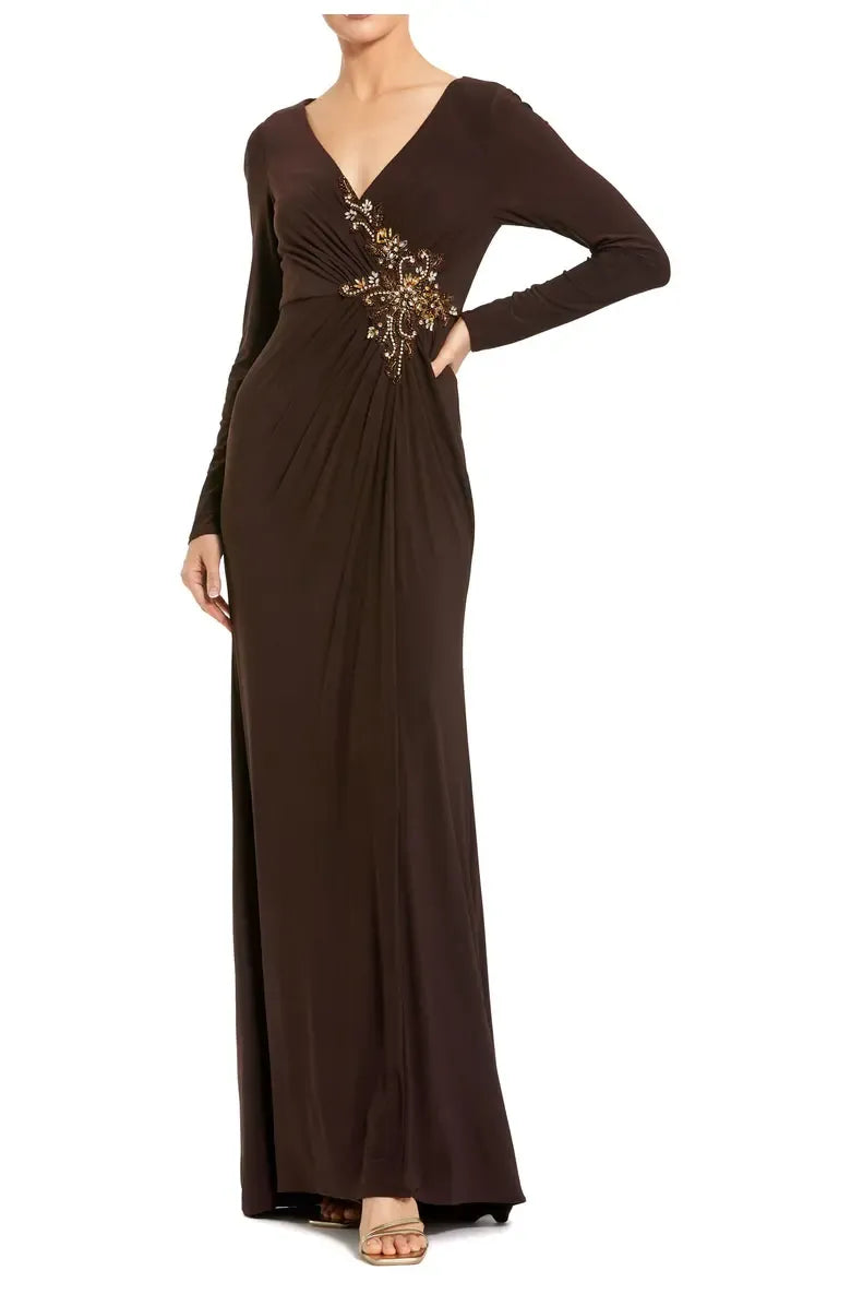 Elegant Fitted V Neck Long Sleeve Zipper Up Floor-Length Prom Dress