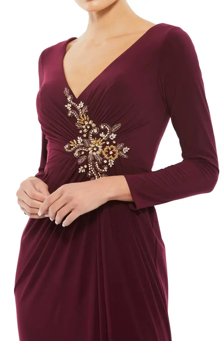 Elegant Fitted V Neck Long Sleeve Zipper Up Floor-Length Prom Dress
