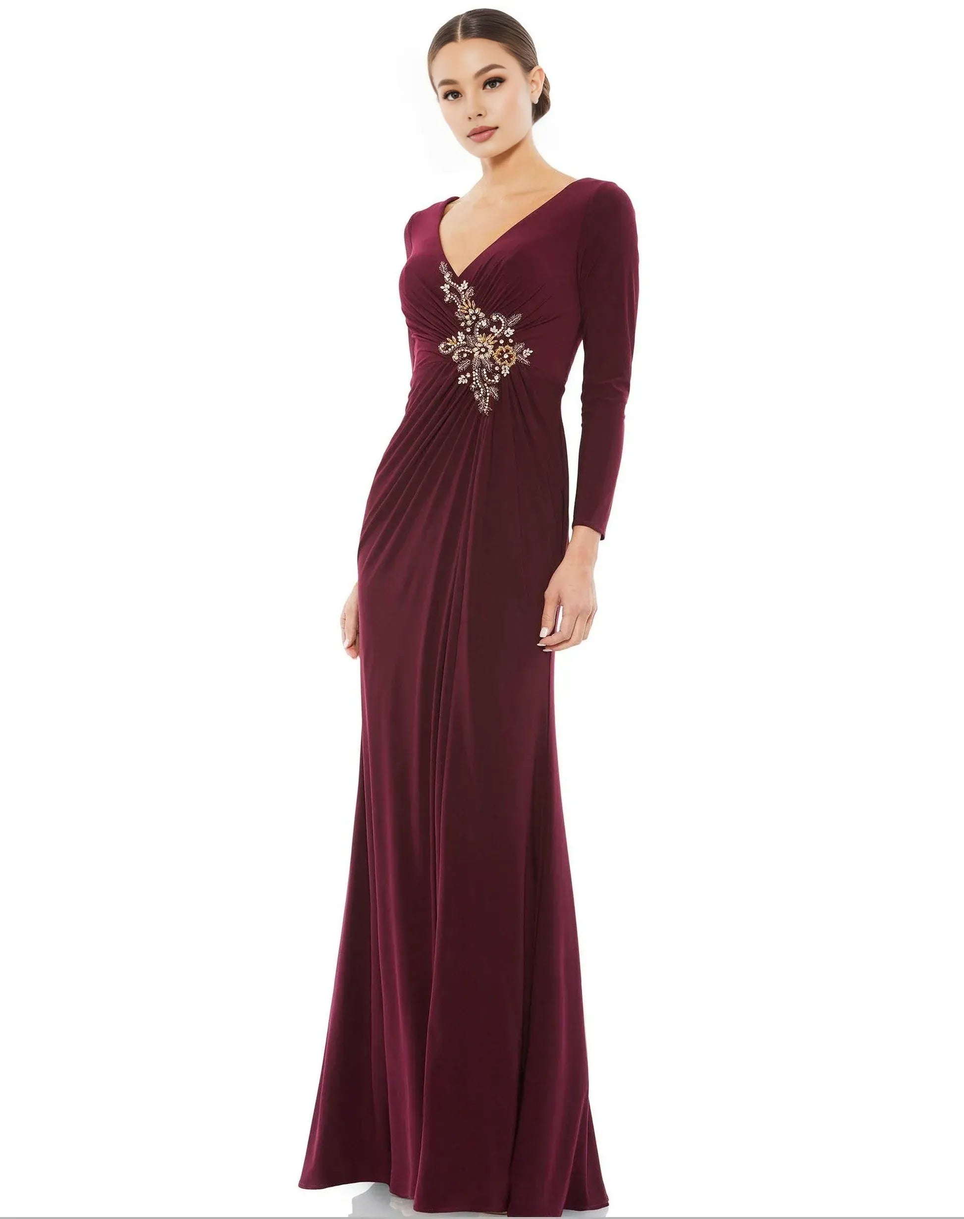 Elegant Fitted V Neck Long Sleeve Zipper Up Floor-Length Prom Dress