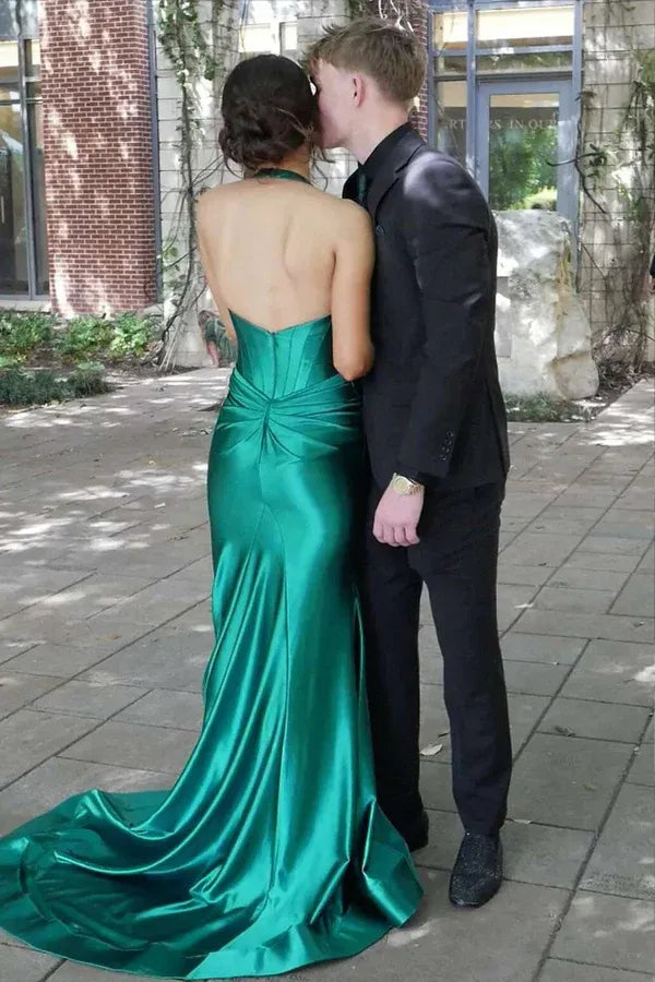 Elegant Halter Ruched Sleeveless Satin Slit Mermaid Prom Gown