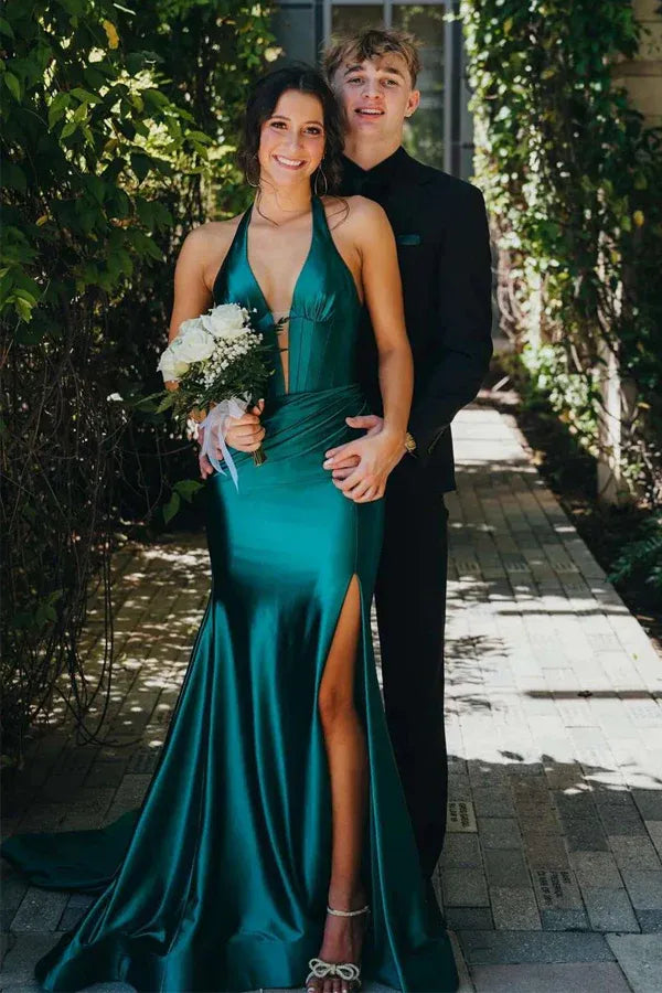Elegant Halter Ruched Sleeveless Satin Slit Mermaid Prom Gown