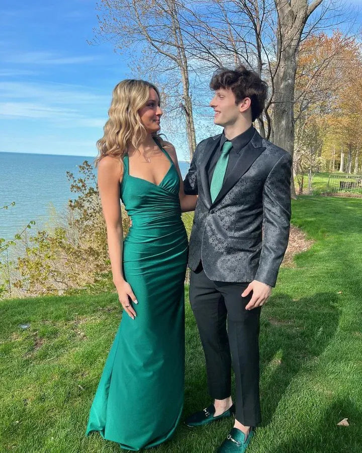 Elegant Halter Sleeveless Ruched Satin Mermaid Prom Dress With Slit