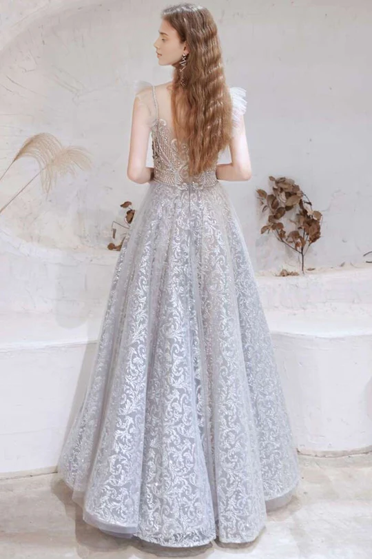 Robe de bal trapèze élégante sans manches en dentelle, col montant, avec perles et strass 