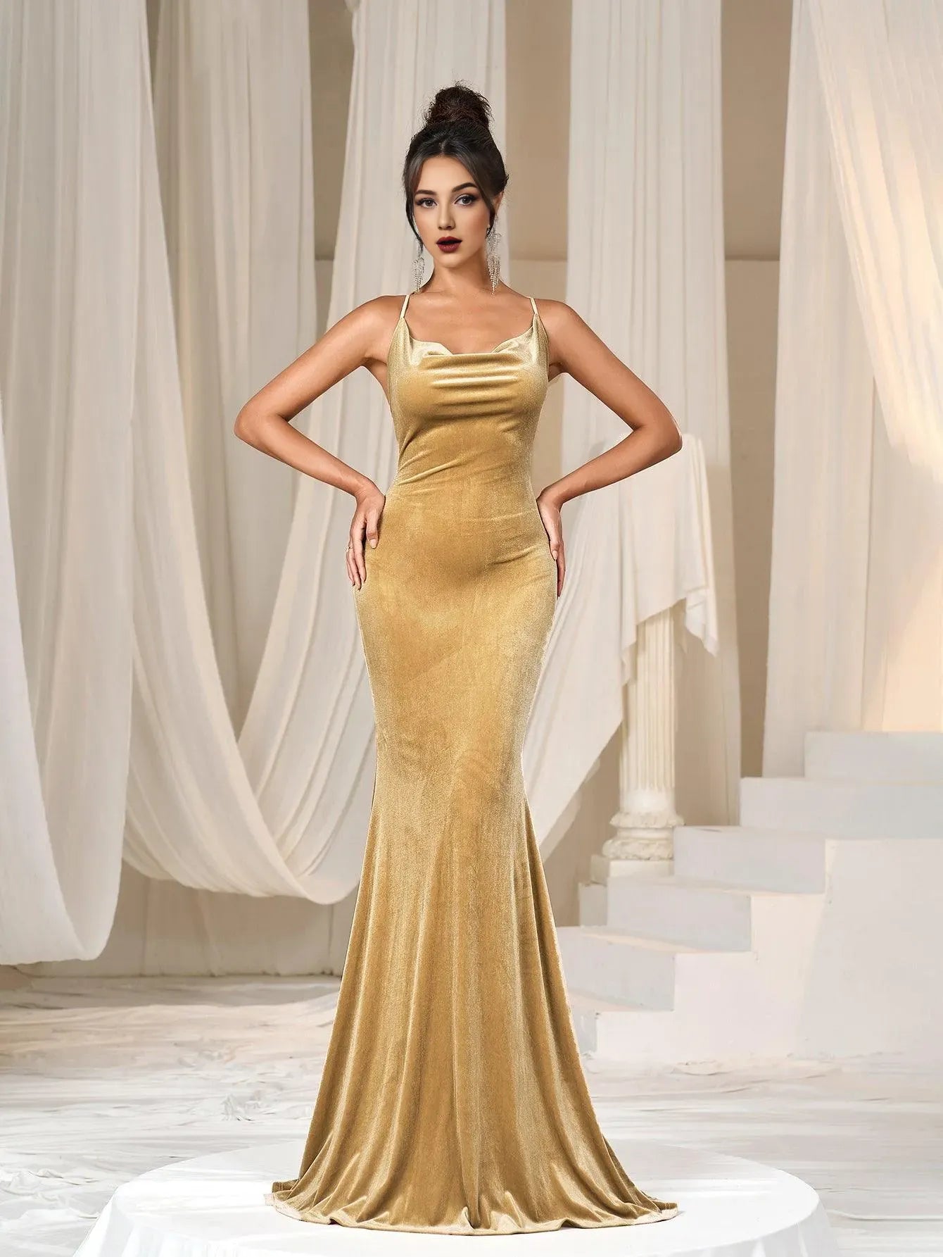 Elegantes vestidos de noche largos, vestido clásico de sirena de terciopelo, vestido de noche con tirantes finos, sin mangas/vestidos de noche para mujer