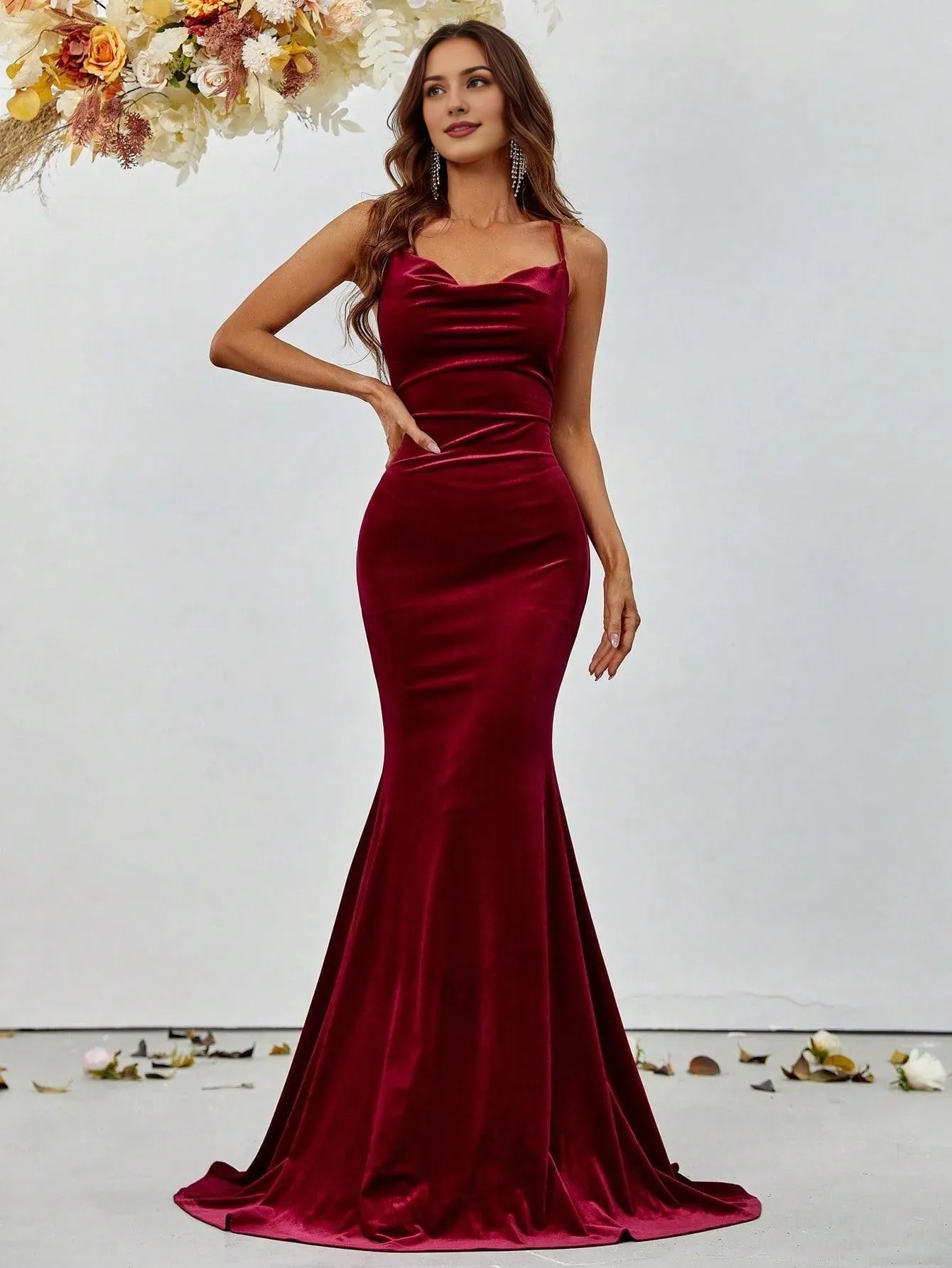 Elegantes vestidos de noche largos, vestido clásico de sirena de terciopelo, vestido de noche con tirantes finos, sin mangas/vestidos de noche para mujer