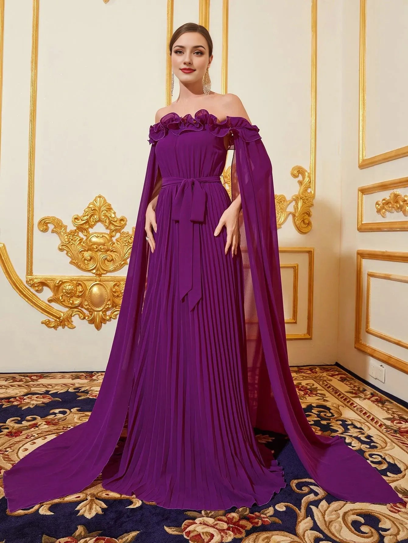 Elegant Long Evening Dresses Off Shoulder Cloak Sleeves Pleated Chiffon Dress With Flutter Sleeve/ Evening Dresses For Women