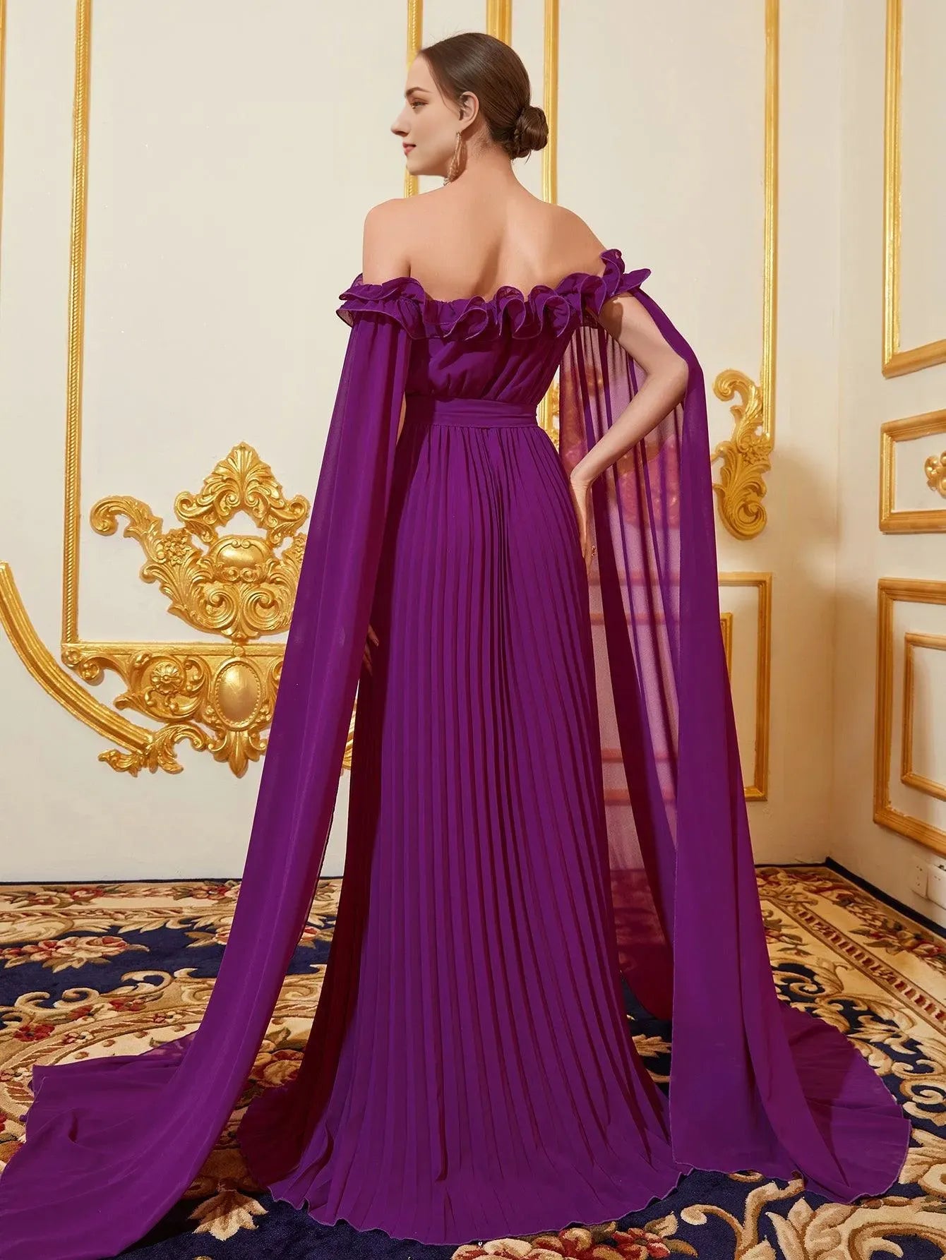 Elegant Long Evening Dresses Off Shoulder Cloak Sleeves Pleated Chiffon Dress With Flutter Sleeve/ Evening Dresses For Women