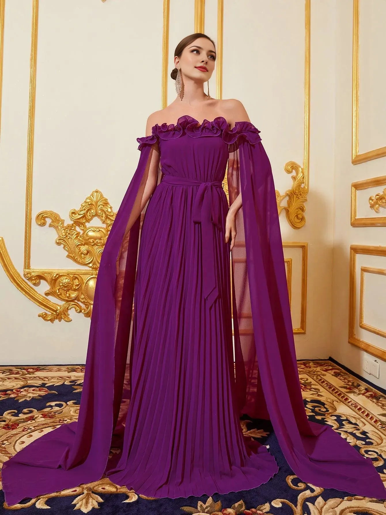 Elegant Long Evening Dresses Off Shoulder Cloak Sleeves Pleated Chiffon Dress With Flutter Sleeve/ Evening Dresses For Women