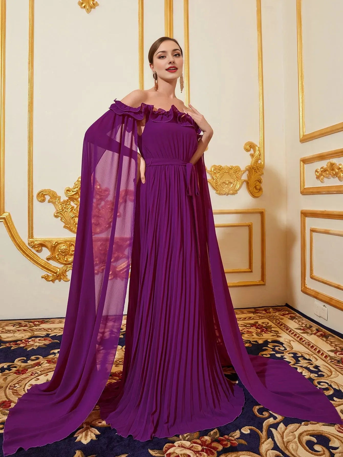 Elegant Long Evening Dresses Off Shoulder Cloak Sleeves Pleated Chiffon Dress With Flutter Sleeve/ Evening Dresses For Women