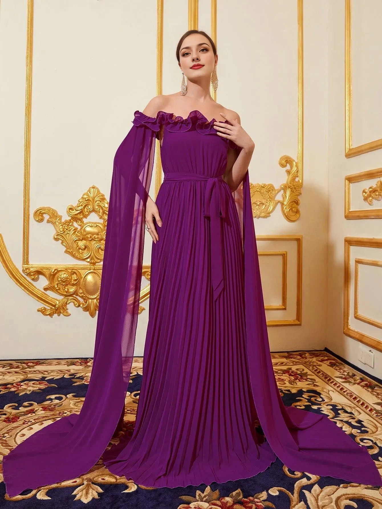 Elegant Long Evening Dresses Off Shoulder Cloak Sleeves Pleated Chiffon Dress With Flutter Sleeve/ Evening Dresses For Women
