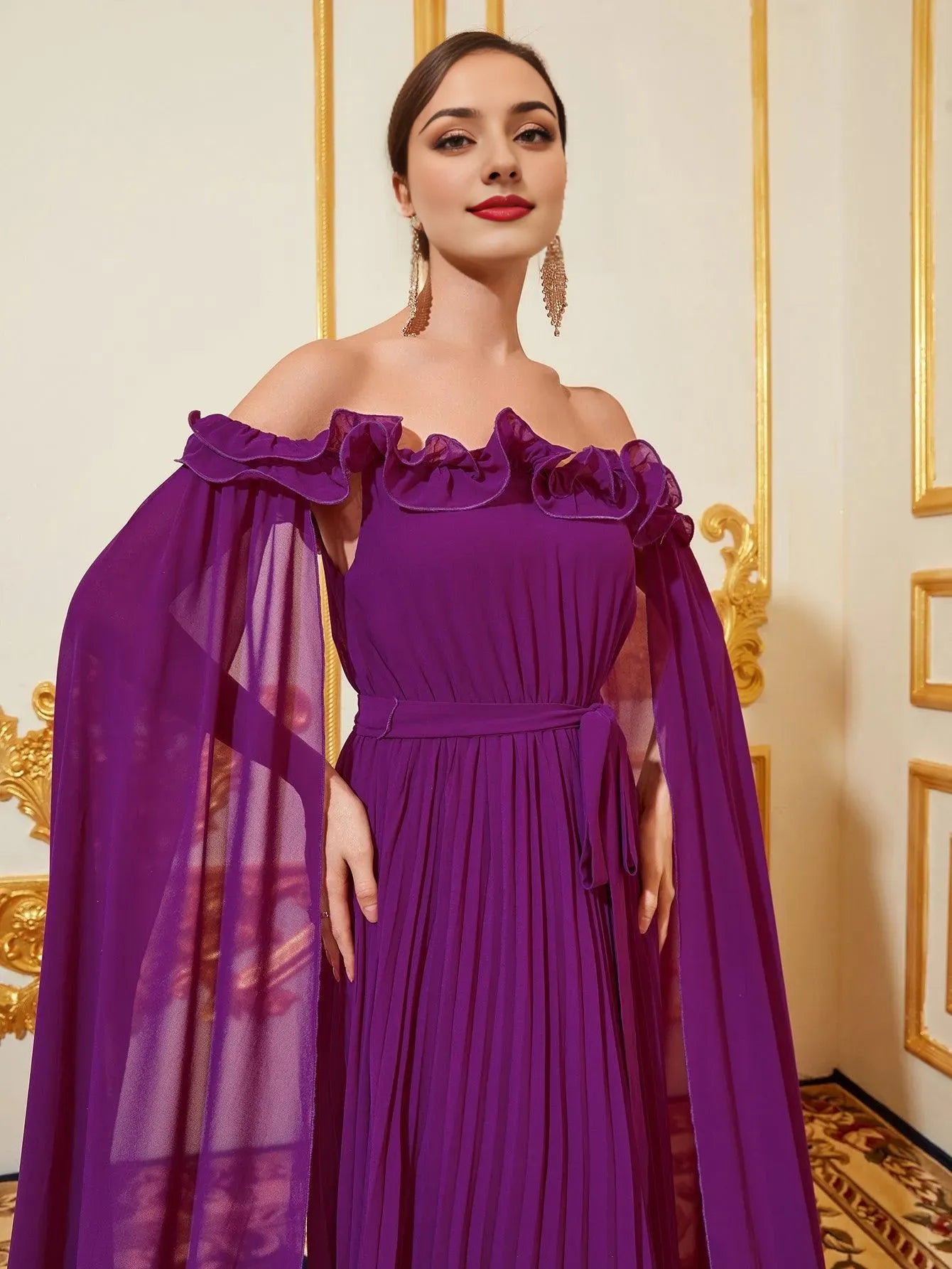 Elegant Long Evening Dresses Off Shoulder Cloak Sleeves Pleated Chiffon Dress With Flutter Sleeve/ Evening Dresses For Women