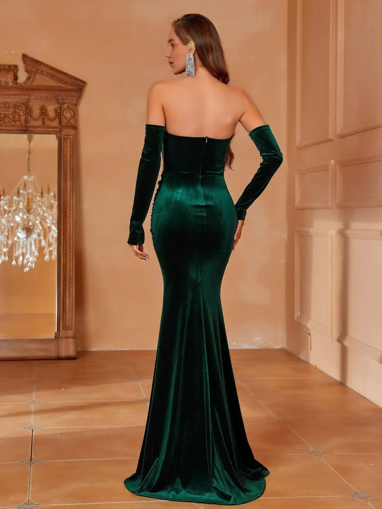 Elegante vestido de noche largo con hombros descubiertos, dobladillo fruncido, volantes de terciopelo y puños/Vestidos de noche para mujer