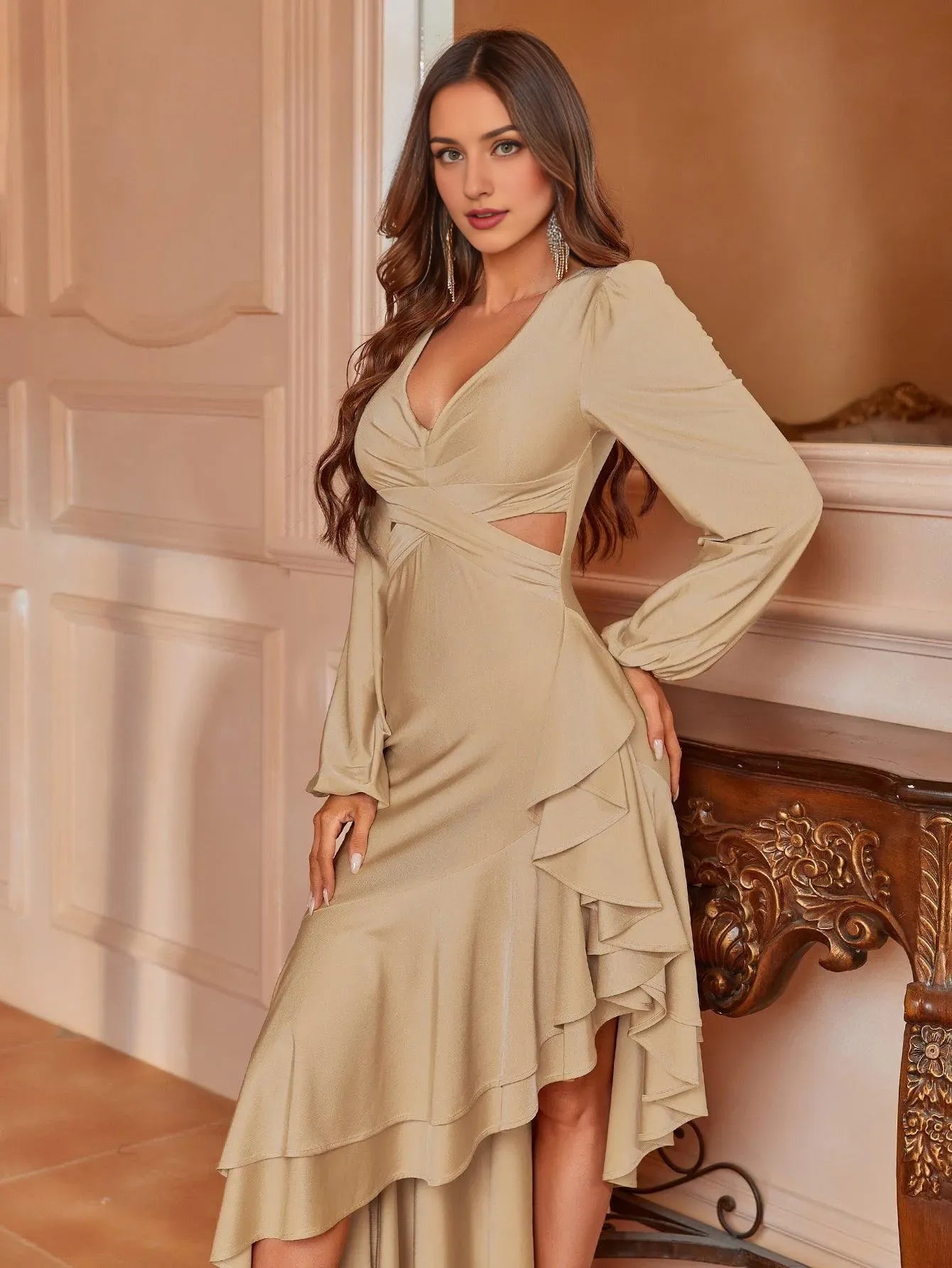 Elegant Long Evening Dresses Solid Lantern Sleeve Ruffle Trim Bridesmaid Dress Evening Dress With V Neck Asymmetrical Hem/ Evening Dresses For Women