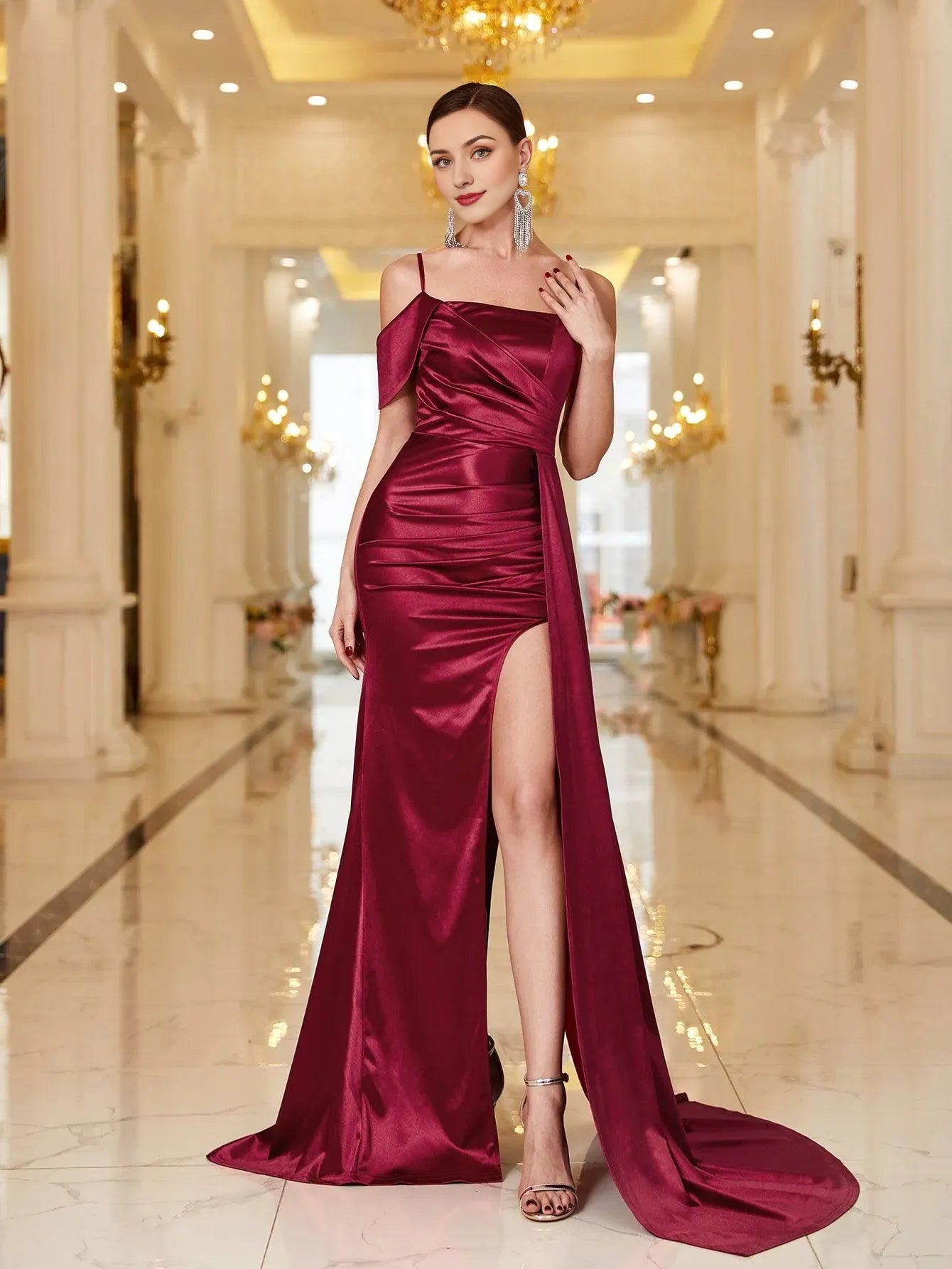 Elegant Long Evening Dresses Spaghetti Straps Satin Split Thigh Prom Dress With Open Back Sleeveless/ Evening Dresses For Women