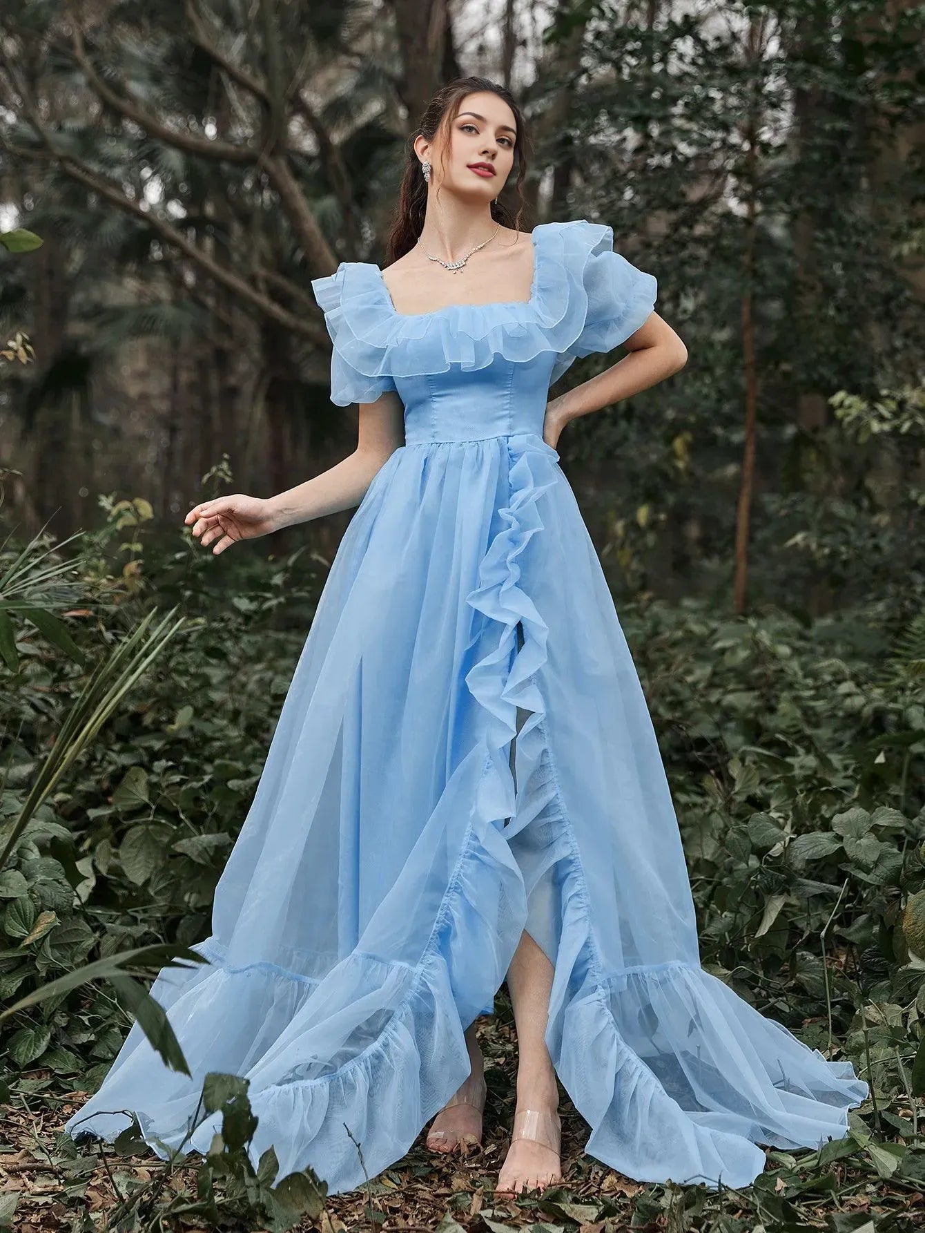 Elegant Long Evening Dresses Square Neck Ruffle Trim Puff Sleeves Dress Prom Evening Dress With Side Slit/ Evening Dresses For Women