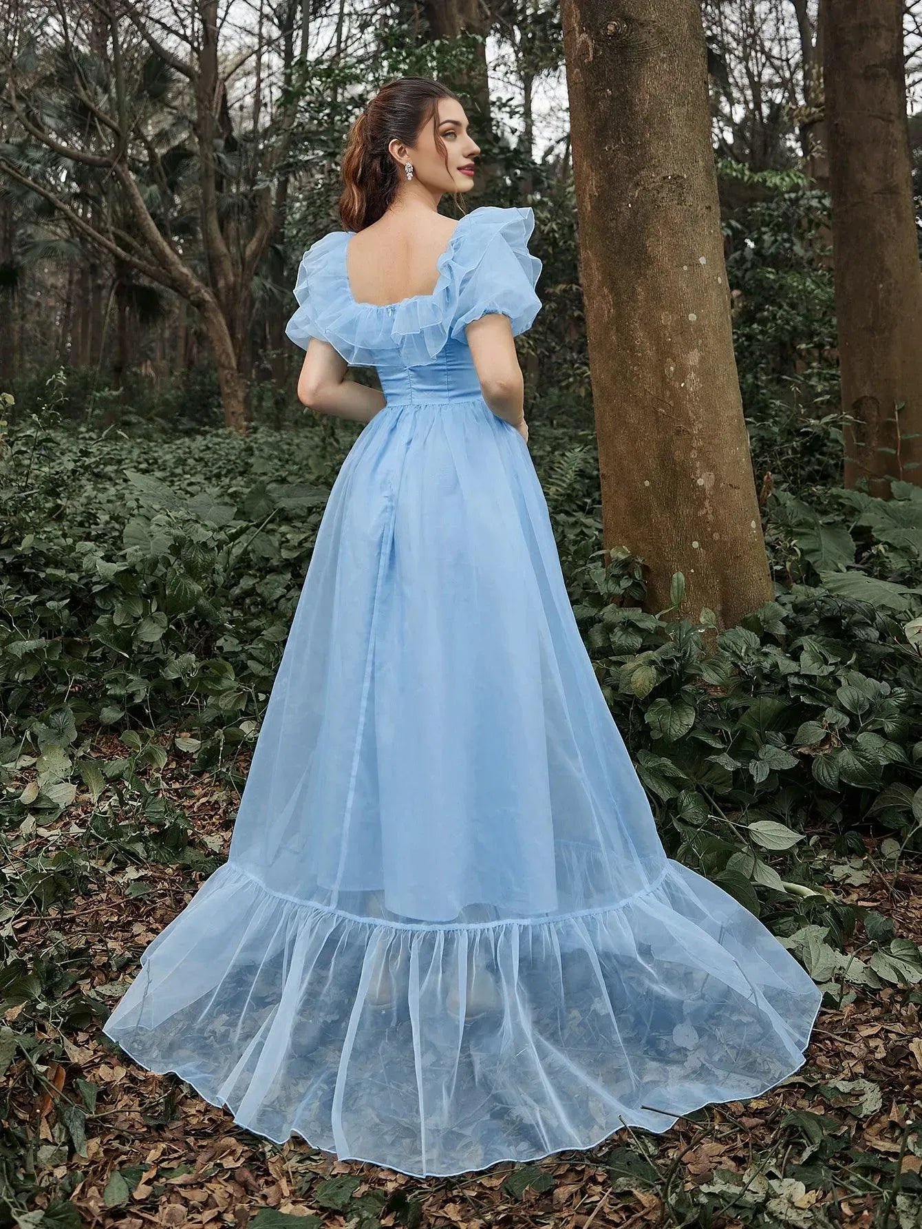 Elegant Long Evening Dresses Square Neck Ruffle Trim Puff Sleeves Dress Prom Evening Dress With Side Slit/ Evening Dresses For Women
