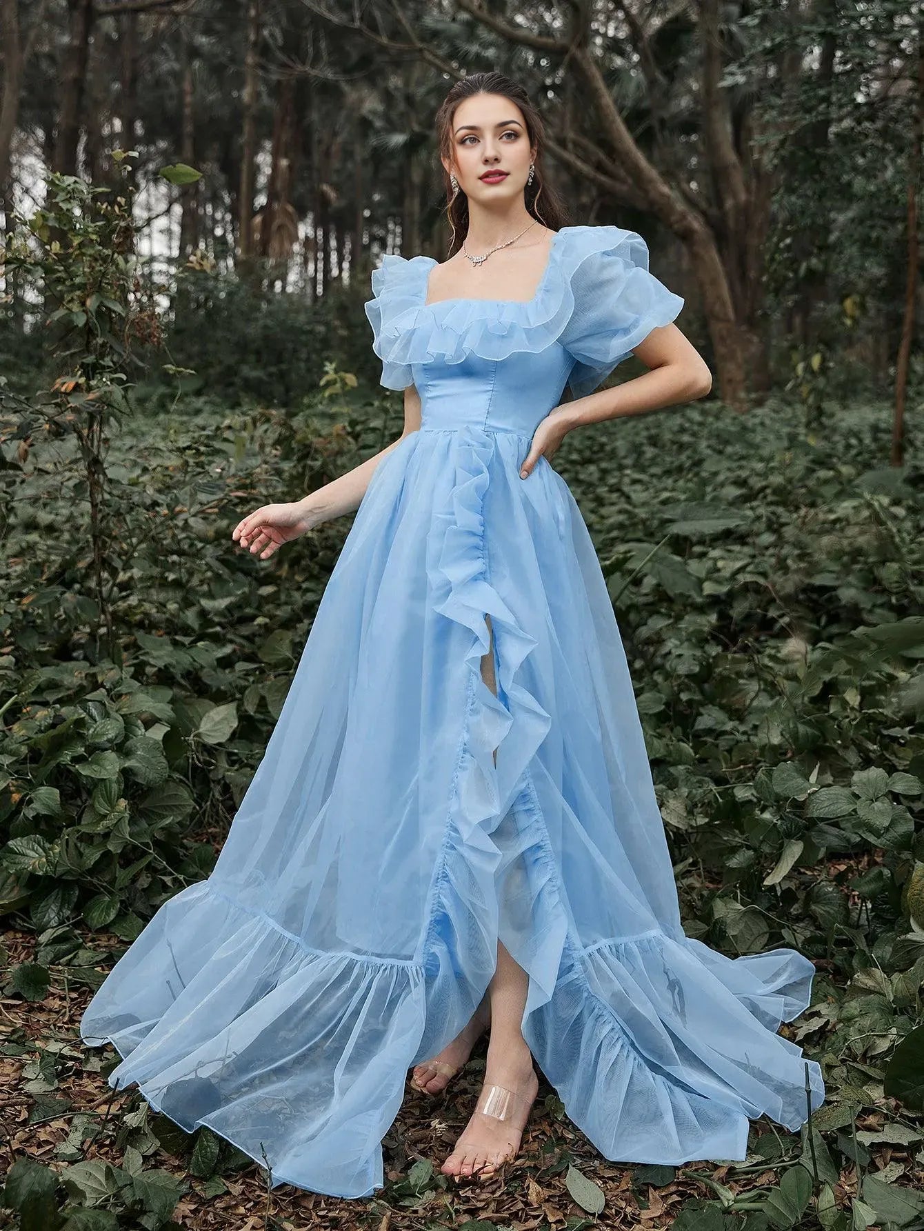 Elegant Long Evening Dresses Square Neck Ruffle Trim Puff Sleeves Dress Prom Evening Dress With Side Slit/ Evening Dresses For Women