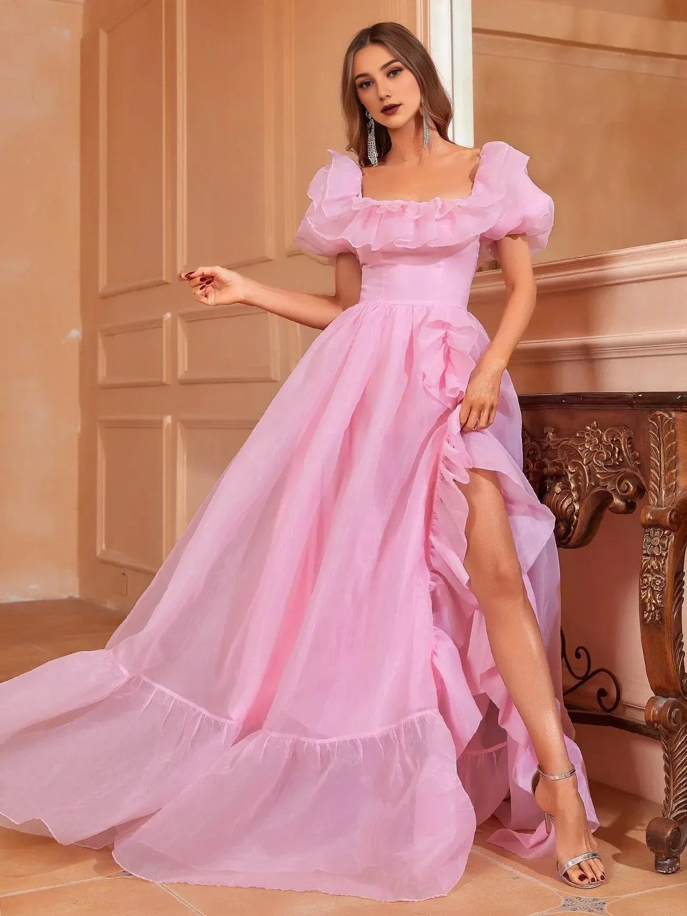 Elegant Long Evening Dresses Square Neck Ruffle Trim Puff Sleeves Dress Prom Evening Dress With Side Slit/ Evening Dresses For Women