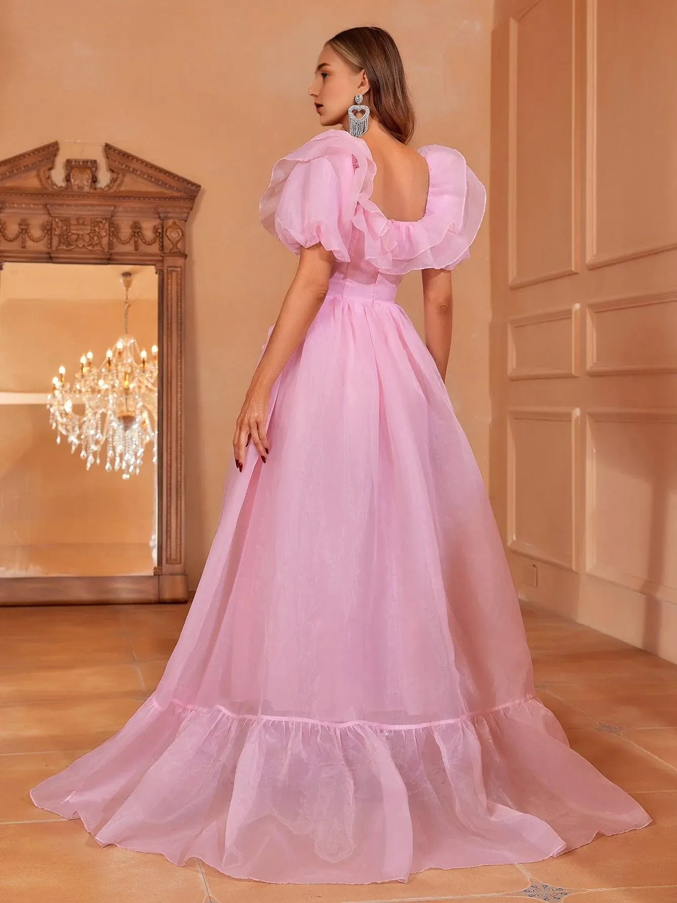 Elegant Long Evening Dresses Square Neck Ruffle Trim Puff Sleeves Dress Prom Evening Dress With Side Slit/ Evening Dresses For Women