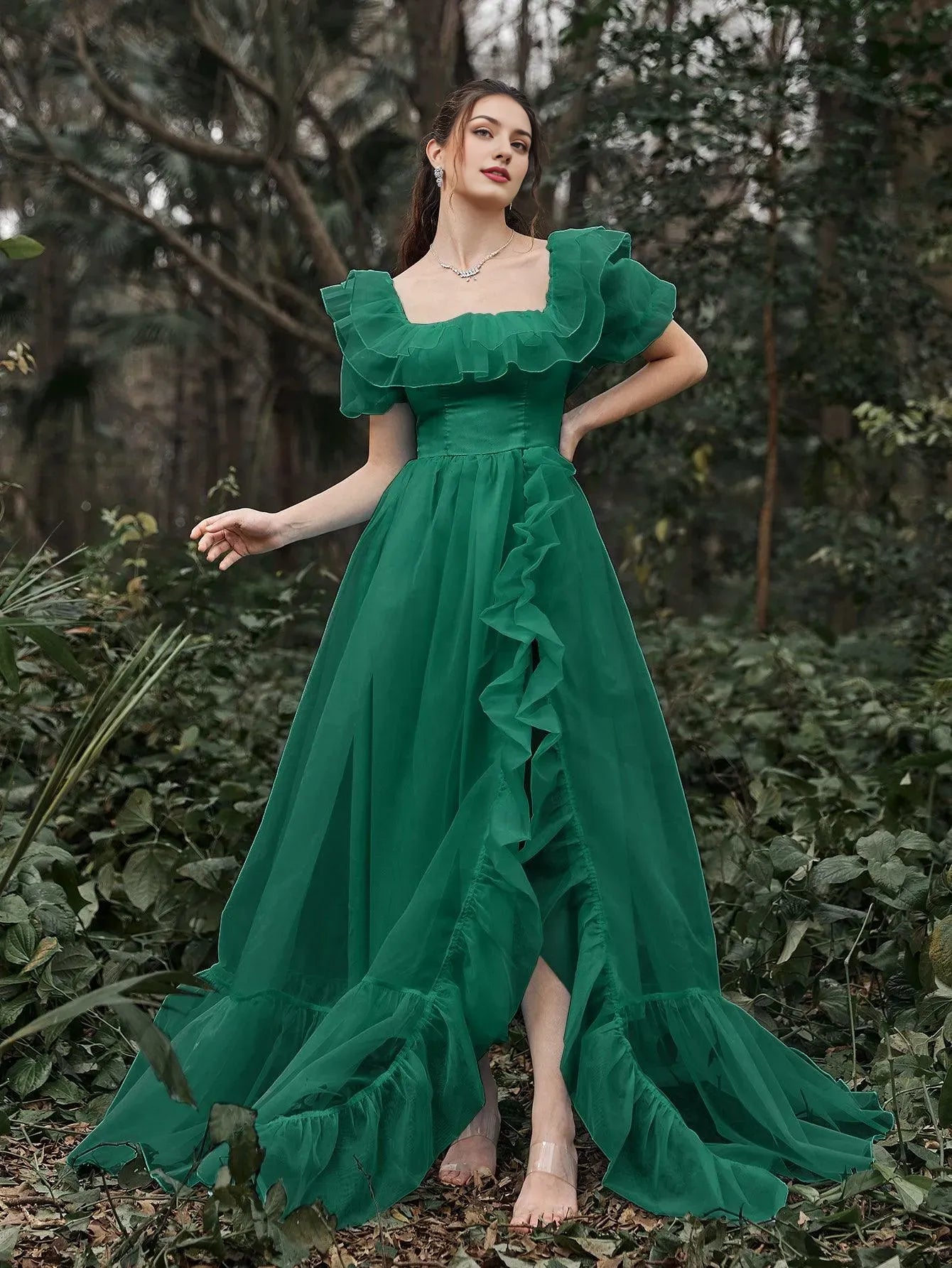 Elegant Long Evening Dresses Square Neck Ruffle Trim Puff Sleeves Dress Prom Evening Dress With Side Slit/ Evening Dresses For Women