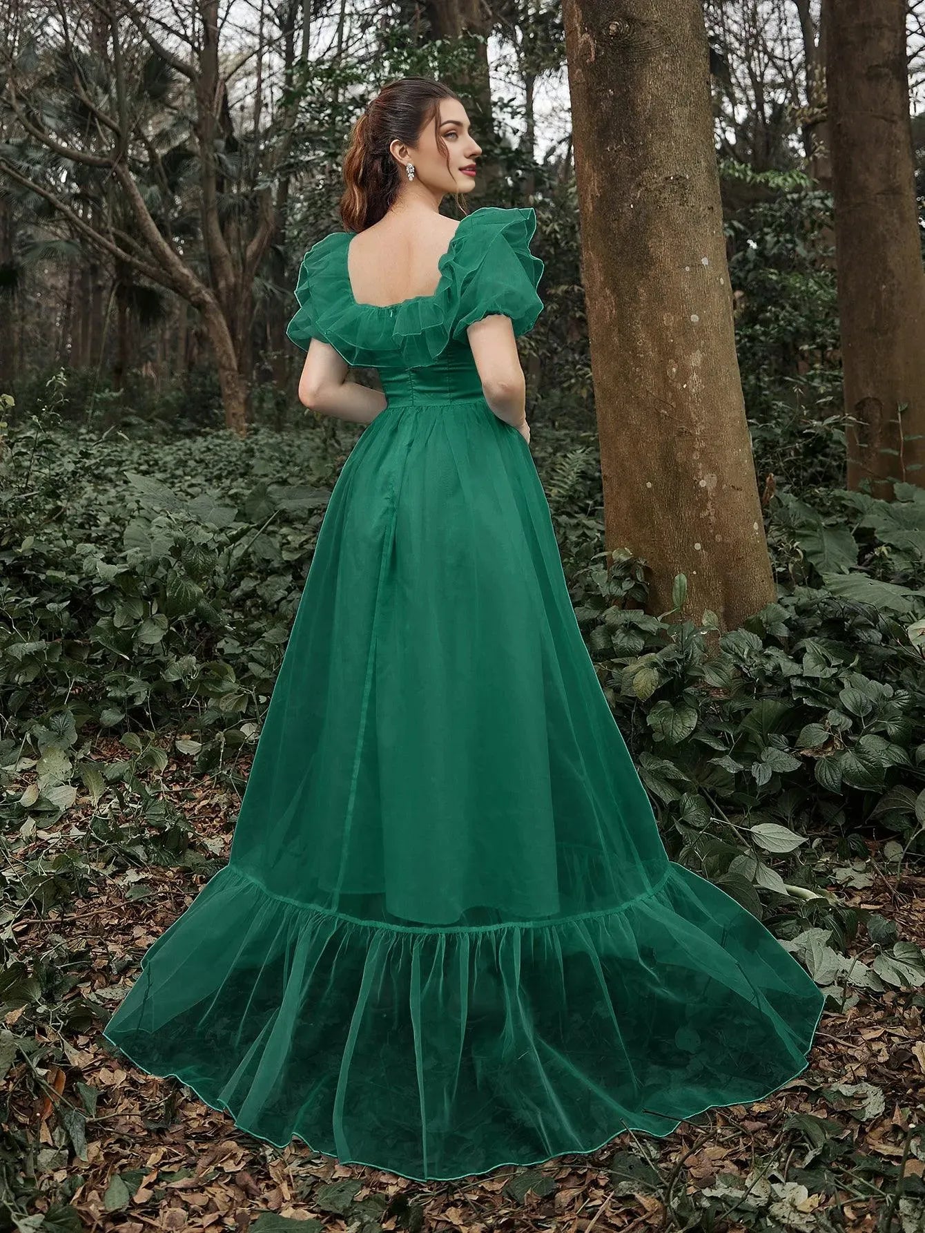 Elegant Long Evening Dresses Square Neck Ruffle Trim Puff Sleeves Dress Prom Evening Dress With Side Slit/ Evening Dresses For Women