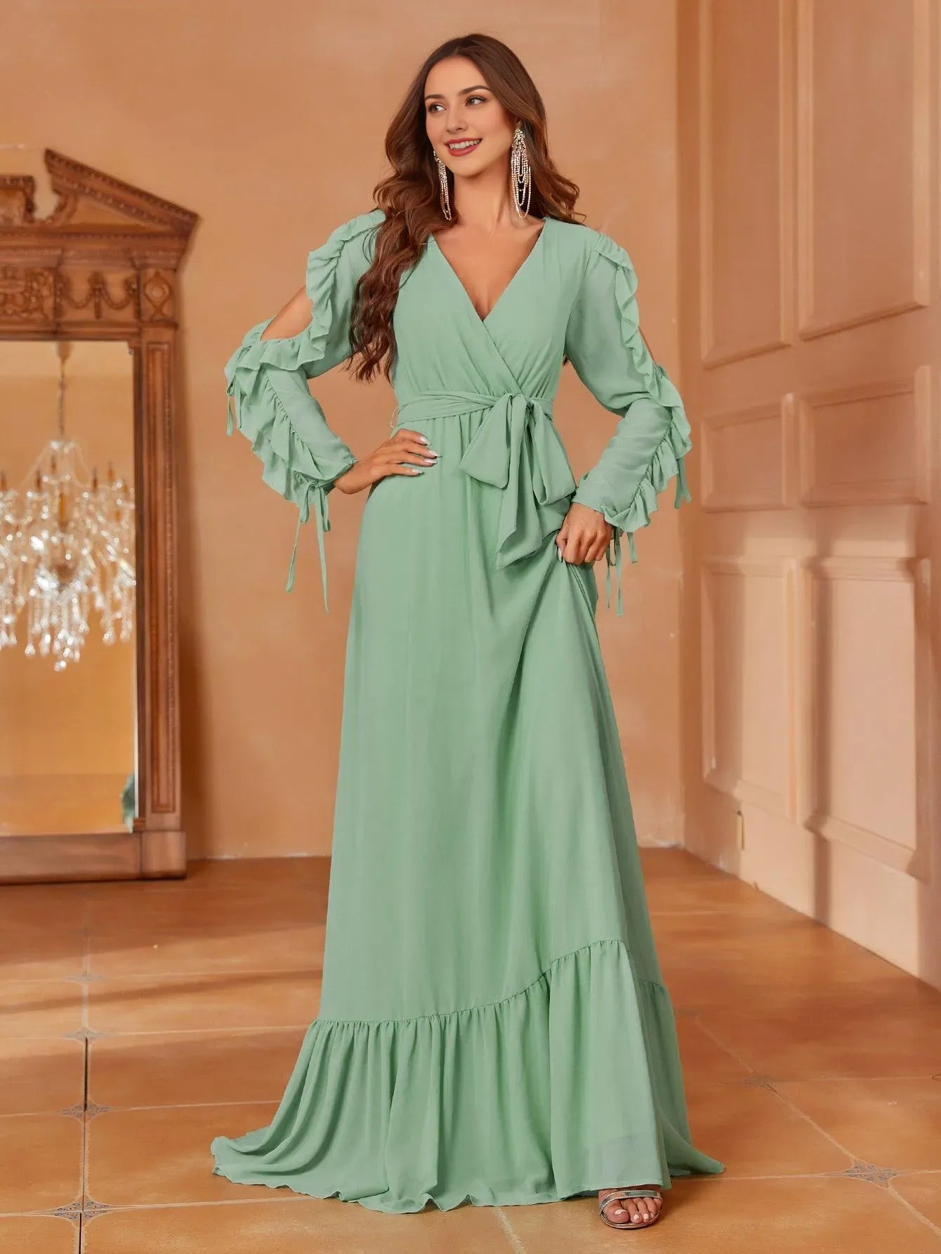 Elegant Long Evening Dresses V Neck Cascading Ruffle Maxi Chiffon Party Evening Dress With Long Sleeves/ Evening Dresses For Women