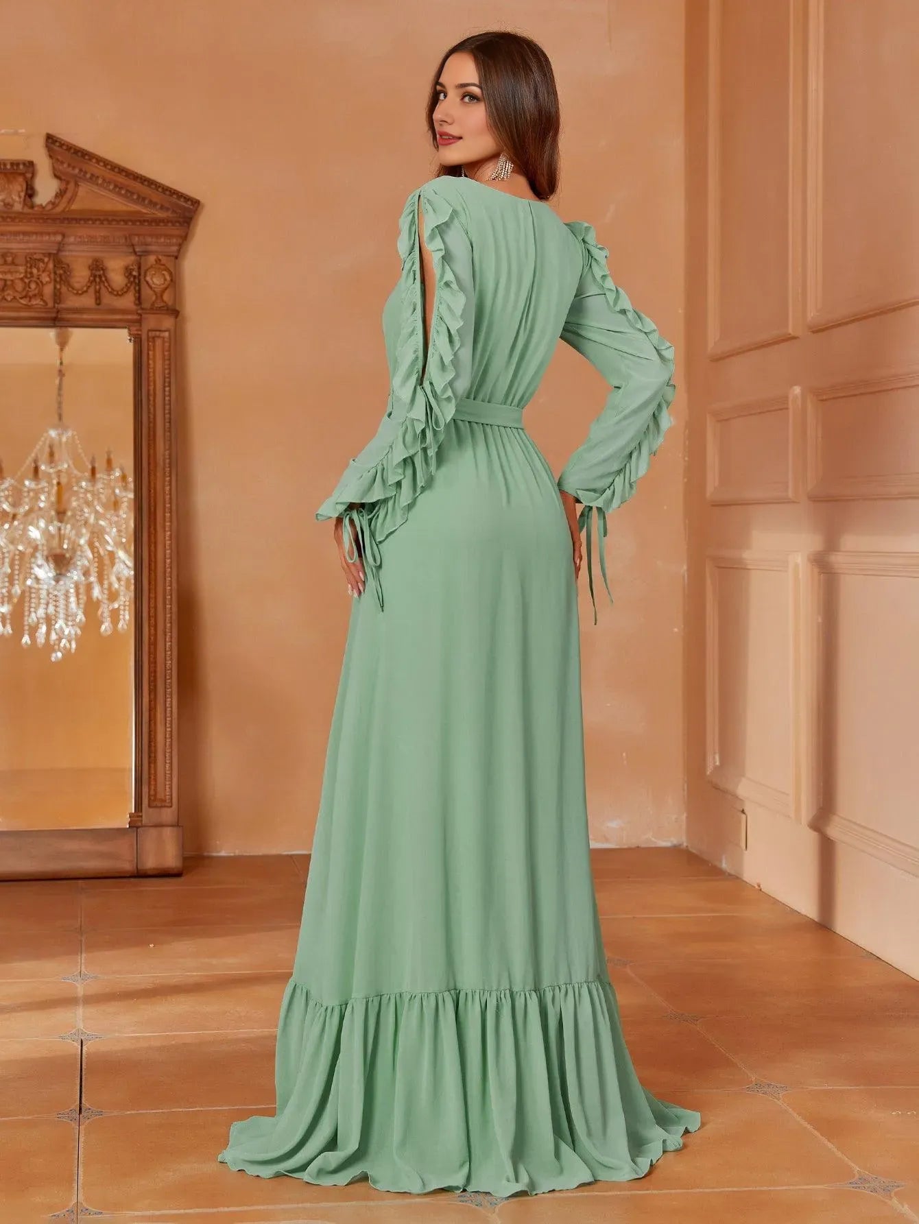 Elegant Long Evening Dresses V Neck Cascading Ruffle Maxi Chiffon Party Evening Dress With Long Sleeves/ Evening Dresses For Women