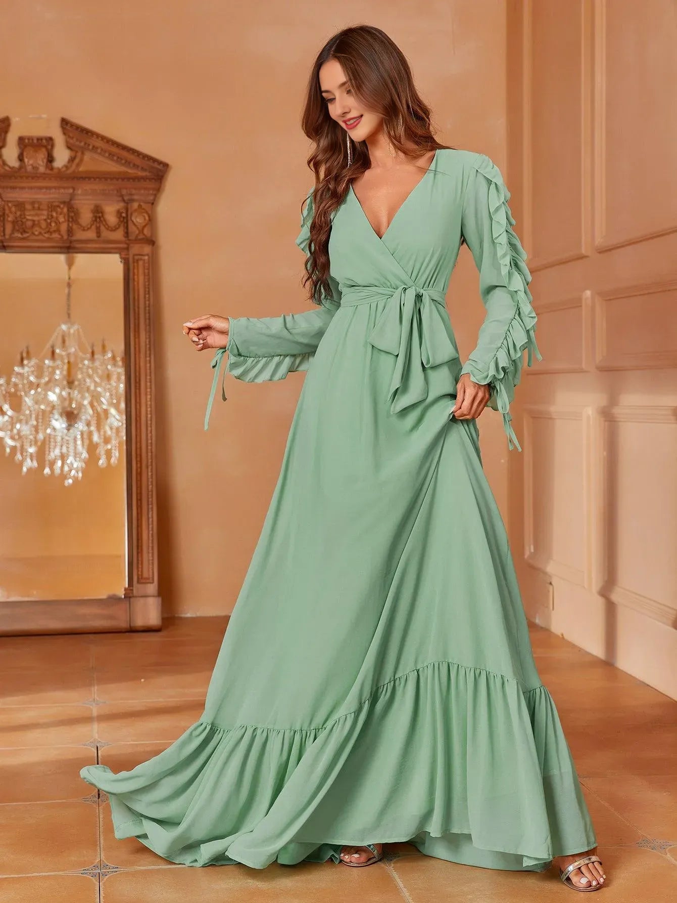 Elegant Long Evening Dresses V Neck Cascading Ruffle Maxi Chiffon Party Evening Dress With Long Sleeves/ Evening Dresses For Women