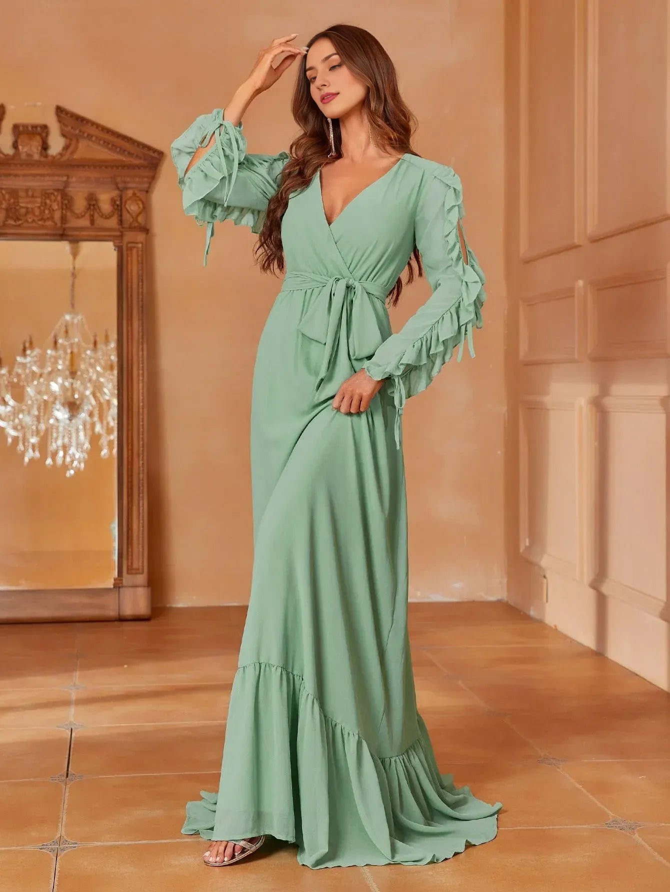 Elegant Long Evening Dresses V Neck Cascading Ruffle Maxi Chiffon Party Evening Dress With Long Sleeves/ Evening Dresses For Women